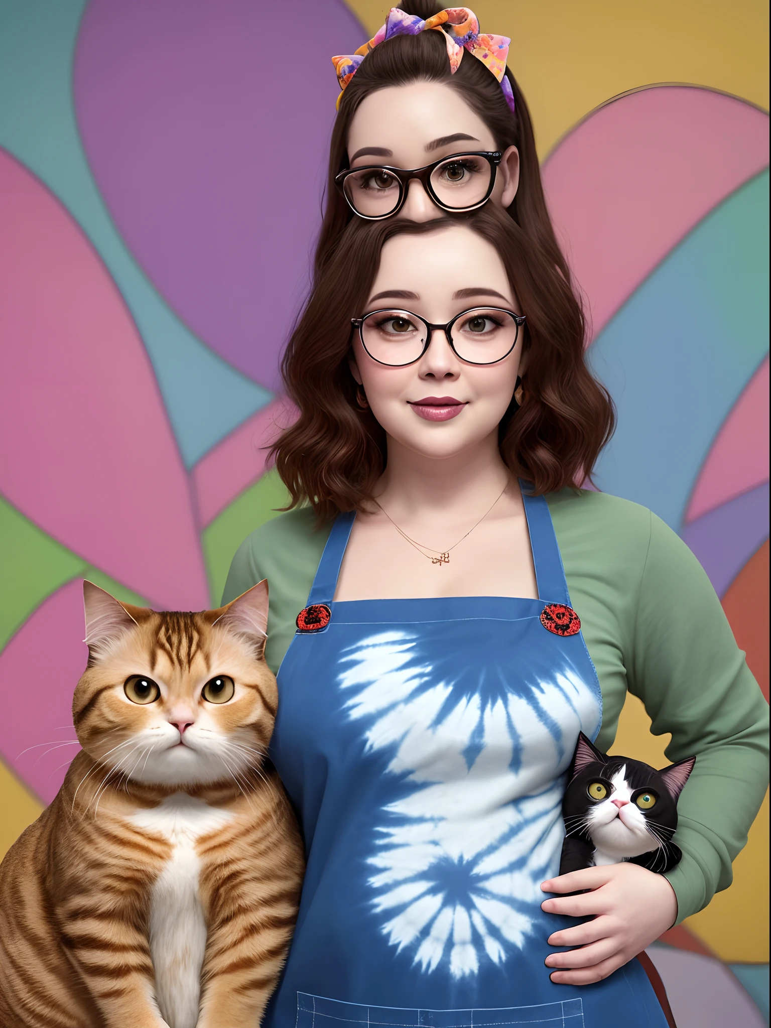 Estilo pixar- mulher ruiva com cabelo liso e preso com um pincel, brown glasses, olhos cor de mel, It's holding a fat cat and a skinny one, She's dressed in a tie dye apron, ao fundo uma sala de arte com um quadro da noite estrelada.