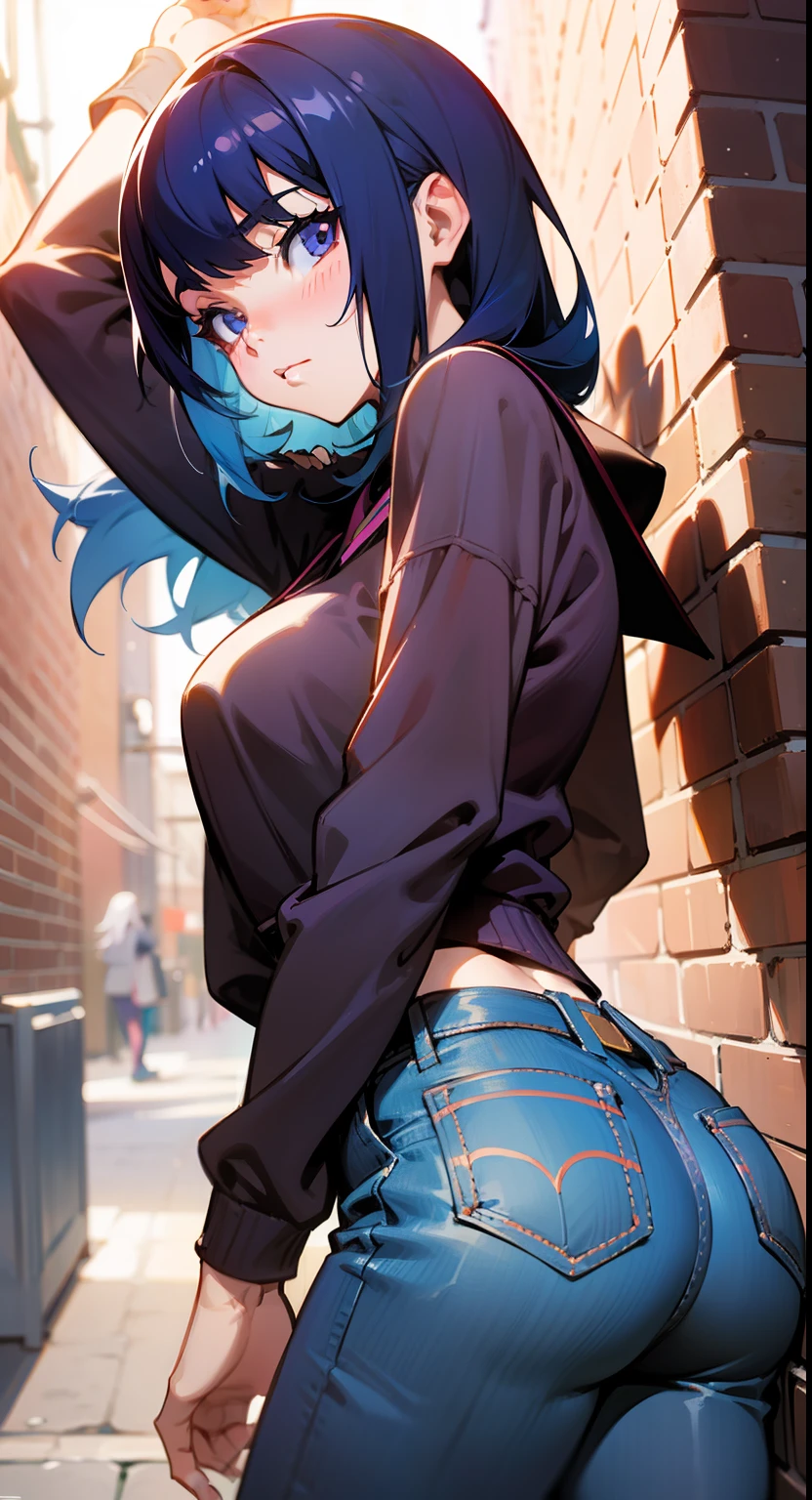 Anime - stylish picture of woman in purple sweater and jeans, Average Breasts, Showing a good appearance,, blue hair and shoulder-length hair, view from bottom, Focus from the bottom, Hands raised behind his head, wallside, Brick wall behind me, seductive anime girl, attractive anime girl, beautiful seductive anime woman,  Handsome teen anime seducer, illya kuvshinov. 4k, a hyperrealistic student, Soft anime CG arts, a hyperrealistic student, makoto shinkai and artgerm, beautiful anime girl, anime girl