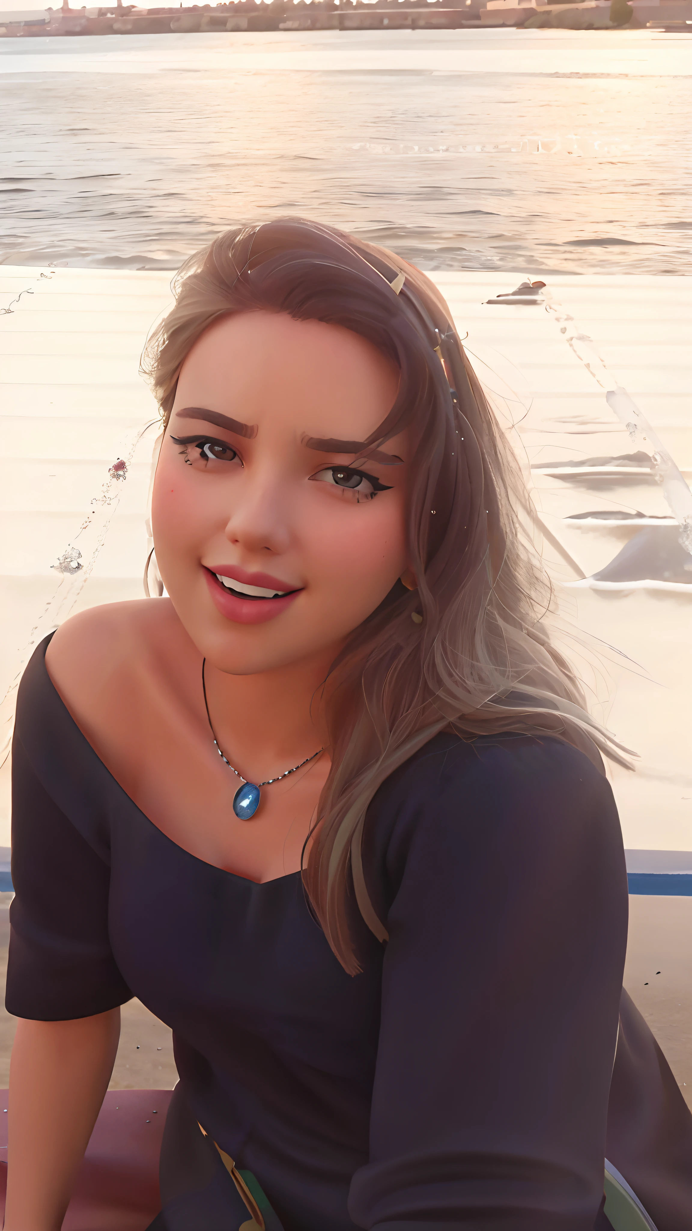 Disney Pixar image, 40-year-old woman, light shoulder-length hair with a glass of wine in her hand, sitting on a cement bench on the shore of the sea as a backdrop to the background of black clothes, exquisite digital illustration, a beautiful artwork illustration, stunning digital illustration, bela arte digital, inspirado em Yun Du-seo, in illustration style digital, Imp