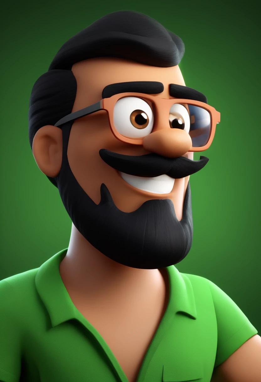 Cartoon character of a brown man with black glasses, straight black hair and black beard and a green shirt holding a flag, animation character, Caractere estilizado, animation style rendering, 3D estilizado, 3 d render stylized, toon render keyshot, Personagem 3D, Personagem 3D, 3d rendering stylized, 3 d character render, personagem de desenho animado, Personagem de close up, Pose de personagem, (Estilo Pixar) (master part:1.2) (Bokeh) (melhor qualidade) (pele detalhada) (textura detalhada) (8k) (argila) (Cinematic lighting) (foco nítido)