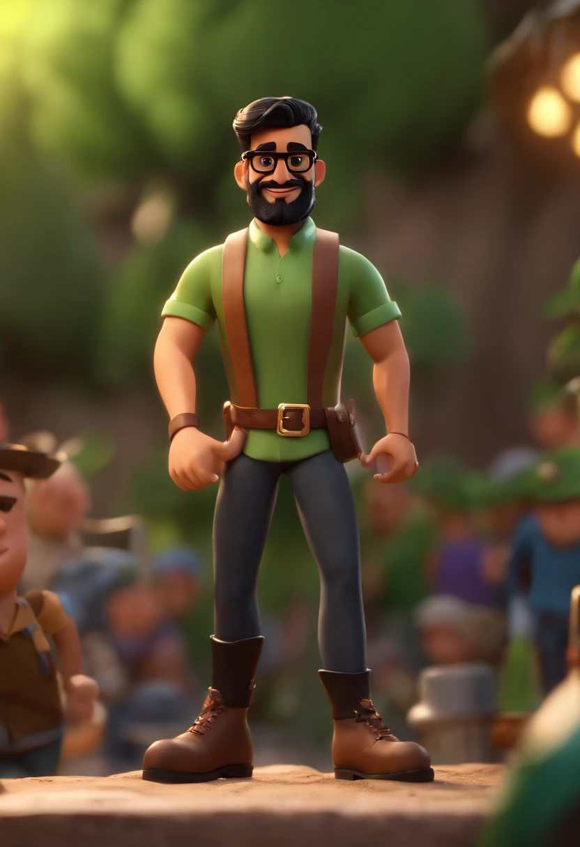 Cartoon character of a brown man with black glasses, straight black hair and black beard and a green shirt holding a flag, animation character, Caractere estilizado, animation style rendering, 3D estilizado, 3 d render stylized, toon render keyshot, Personagem 3D, Personagem 3D, 3d rendering stylized, 3 d character render, personagem de desenho animado, Personagem de close up, Pose de personagem, (Estilo Pixar) (master part:1.2) (Bokeh) (melhor qualidade) (pele detalhada) (textura detalhada) (8k) (argila) (Cinematic lighting) (foco nítido)