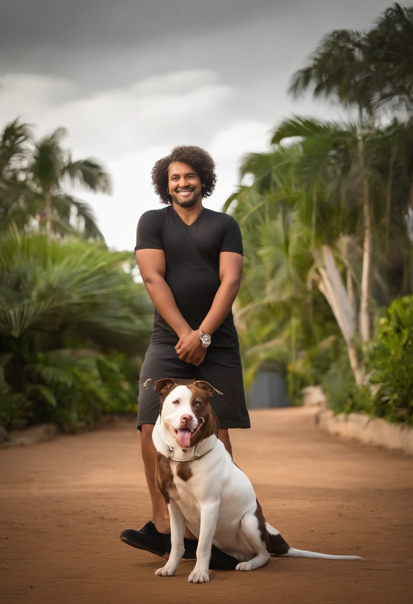 Family 01 man 40 years old chubby, pardo cabelo curto preto afro, pele lisa sem barba, black shirt and black pants and brown ankle boots,  mulher 25 anos pele clara, sobrancelha expressiva, cabelo castanho claro longo, alta magra,  07 anos cabelo castanho claro, sorridente, Expressive eyebrow with a soccer ball under the arm, cachorro pitbull cinza, uma gata branca e preta