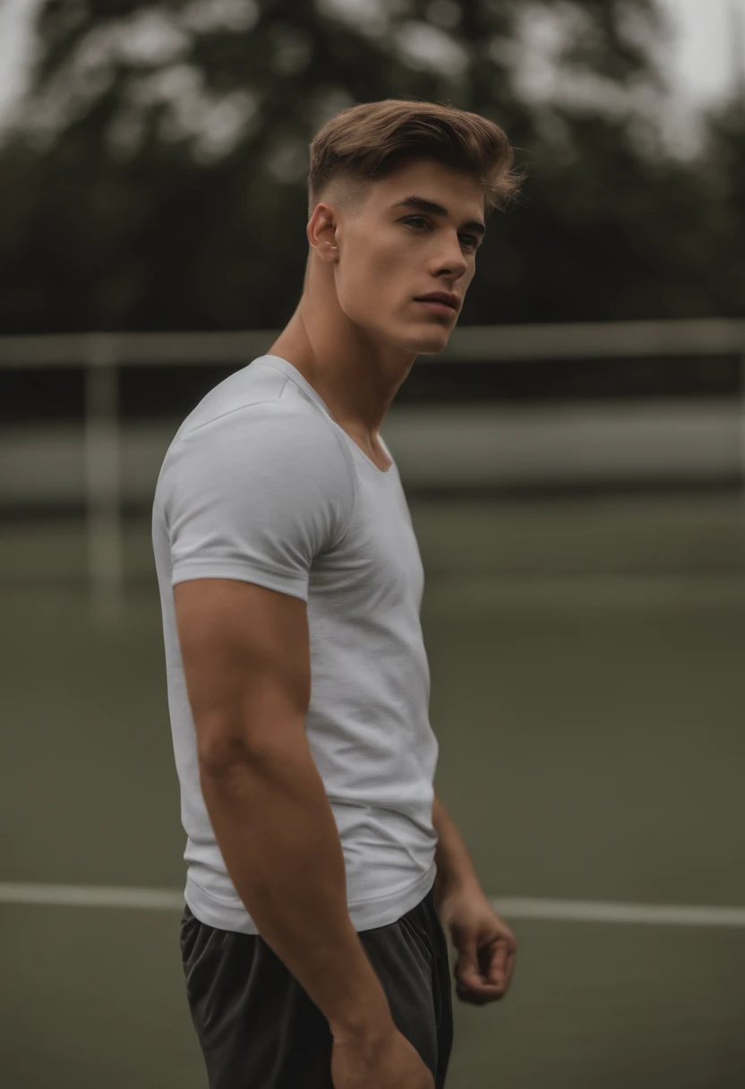  twink with undercut hairstyle, he is shirtless and has skinny and fully shaved body and abs, he is standing in the gym, he is wearing only long sport Nike underwear, realistic full body high quality photo