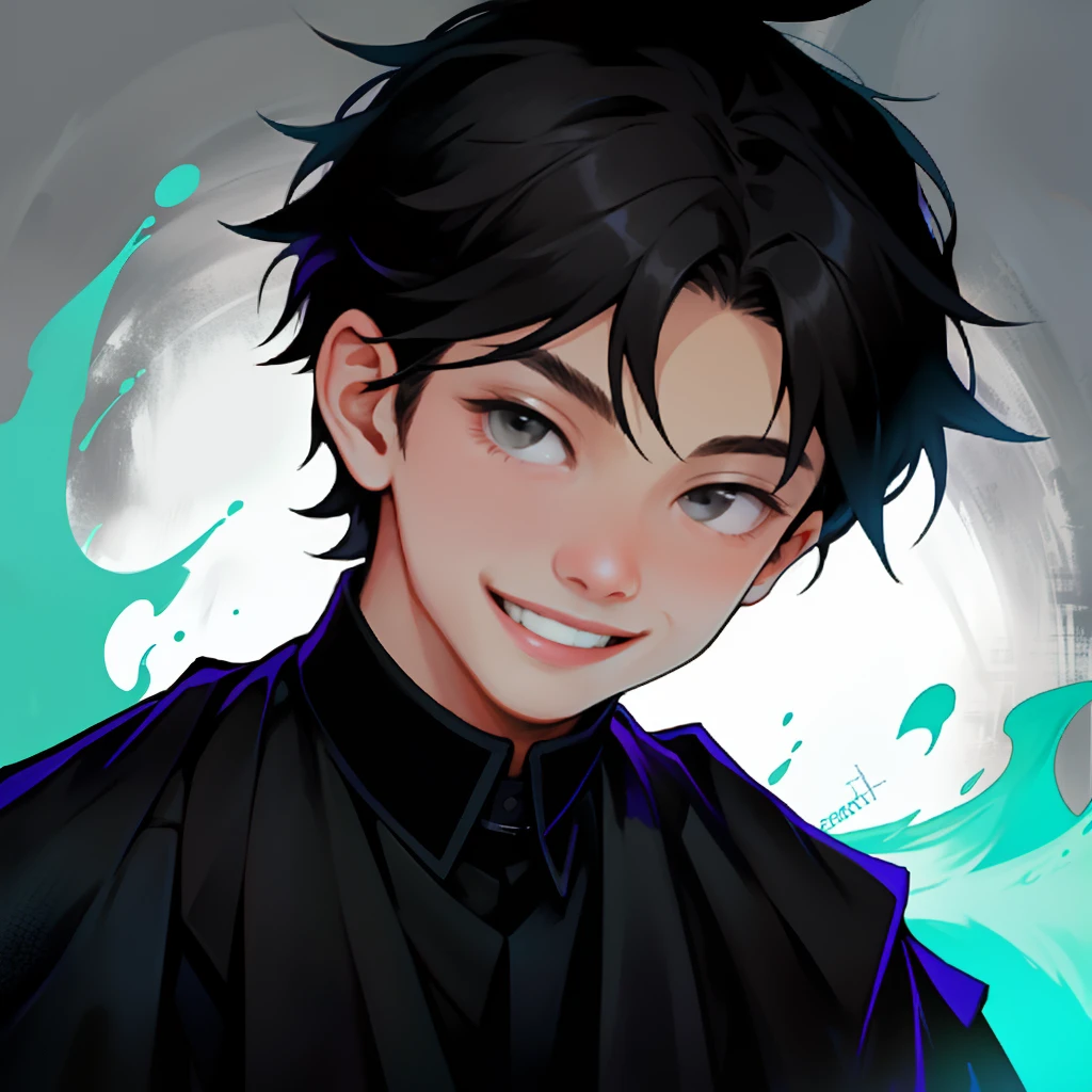 Boy with black cloths, smiling, face tilted a bit upward, head position straight (looking straight)