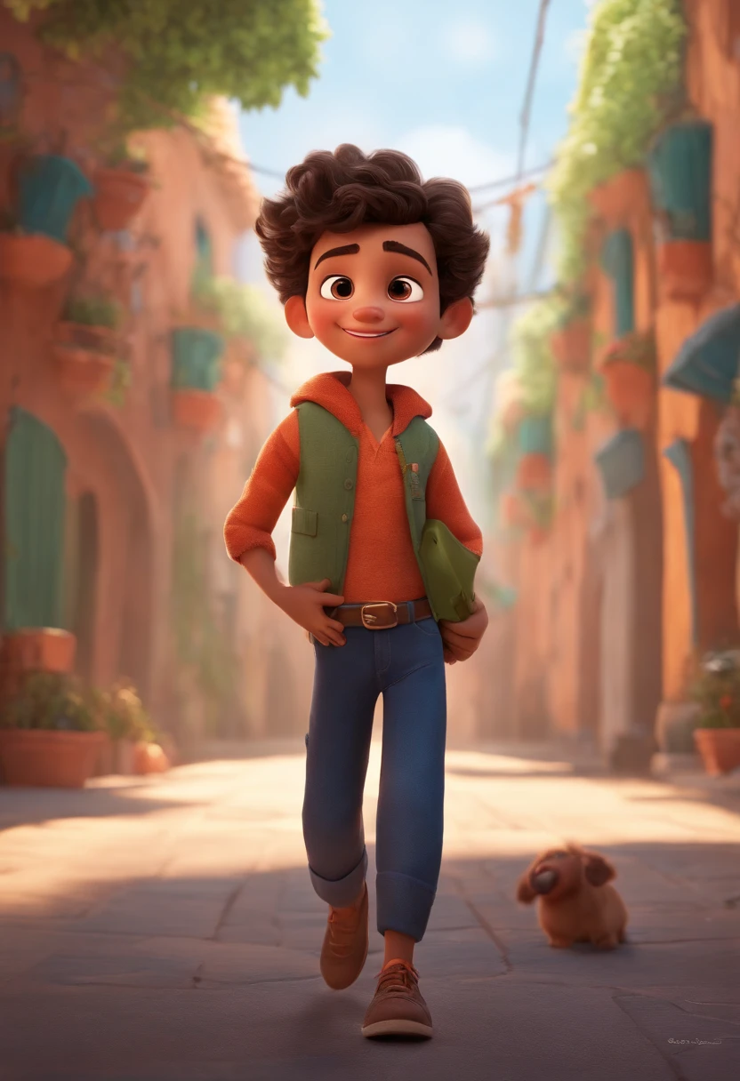 Image of a boy for a story in a YouTube video in Pixar format, He's the little allabester, He's the class leader, He's outgoing, Playful and gets up for a lot of things, cabelo curto