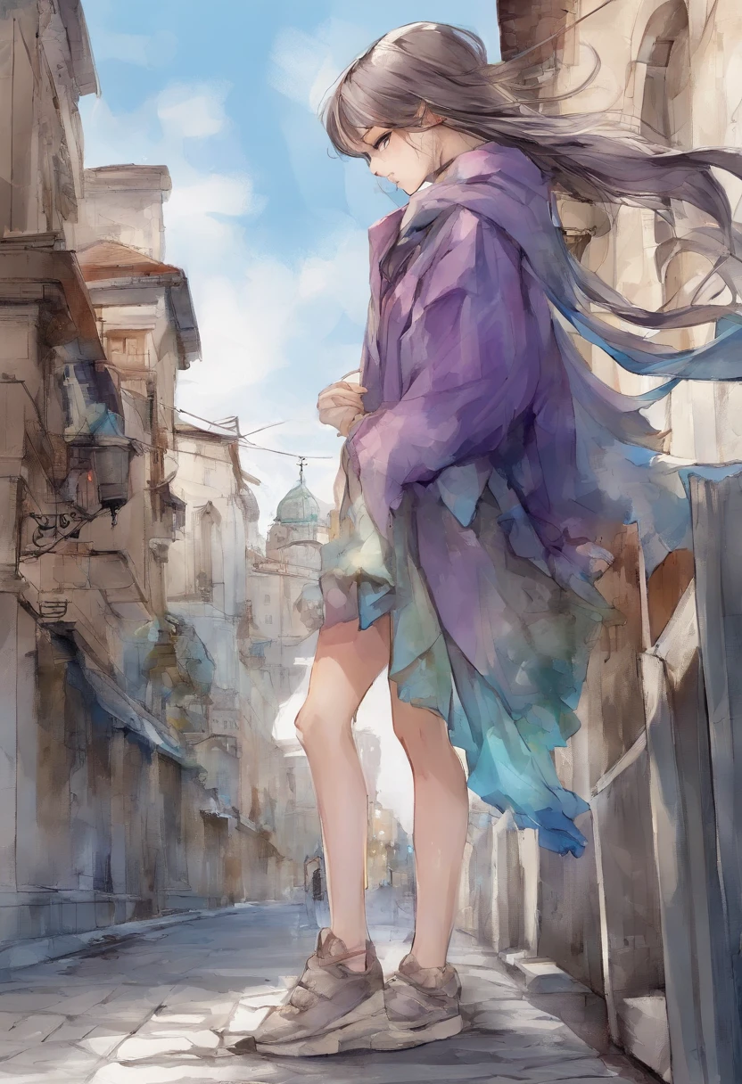 Anime girl standing on city street with long hair and blue eyes, Trend in Artstation Pixiv, Purple eyes, Gravata Azul, Beautiful (Olhos detalhados, Rosto detalhado,) Ahegao, Euladef, Temperamento nobre, salto alto, no watermark