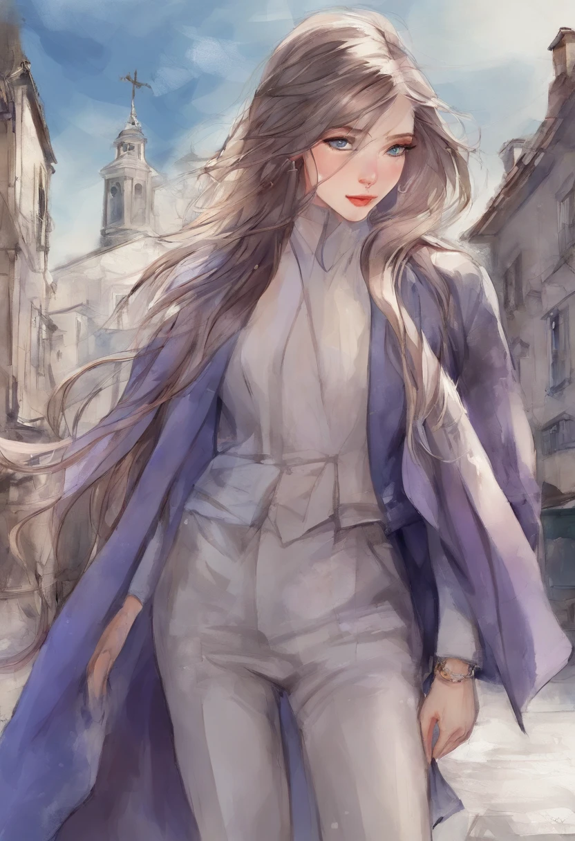 Anime girl standing on city street with long hair and blue eyes, Trend in Artstation Pixiv, Purple eyes, Gravata Azul, Beautiful (Olhos detalhados, Rosto detalhado,) Ahegao, Euladef, Temperamento nobre, salto alto, no watermark