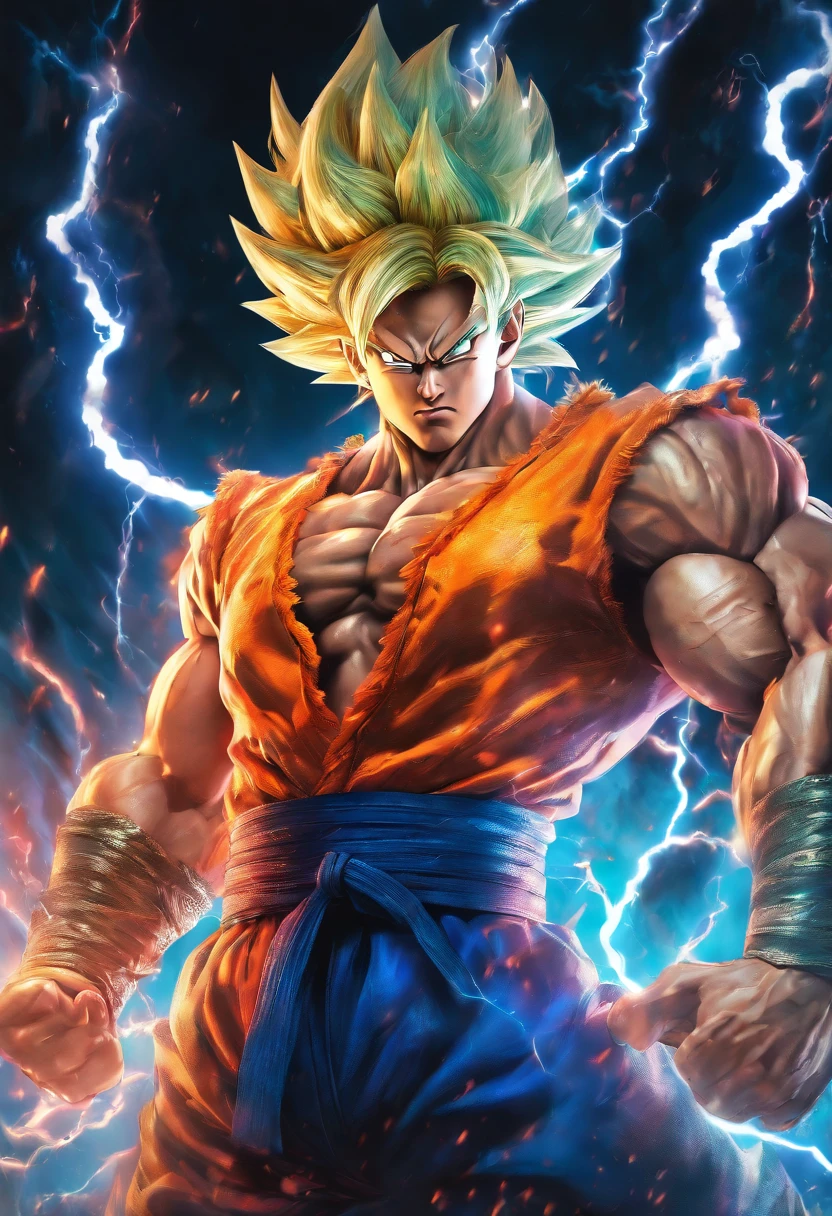 Realistic 3D rendering of Goku Super Saiyan fused Aquaman, surrounded by lightning, grande musculatura, fotografia de corpo inteiro, hiper-realista