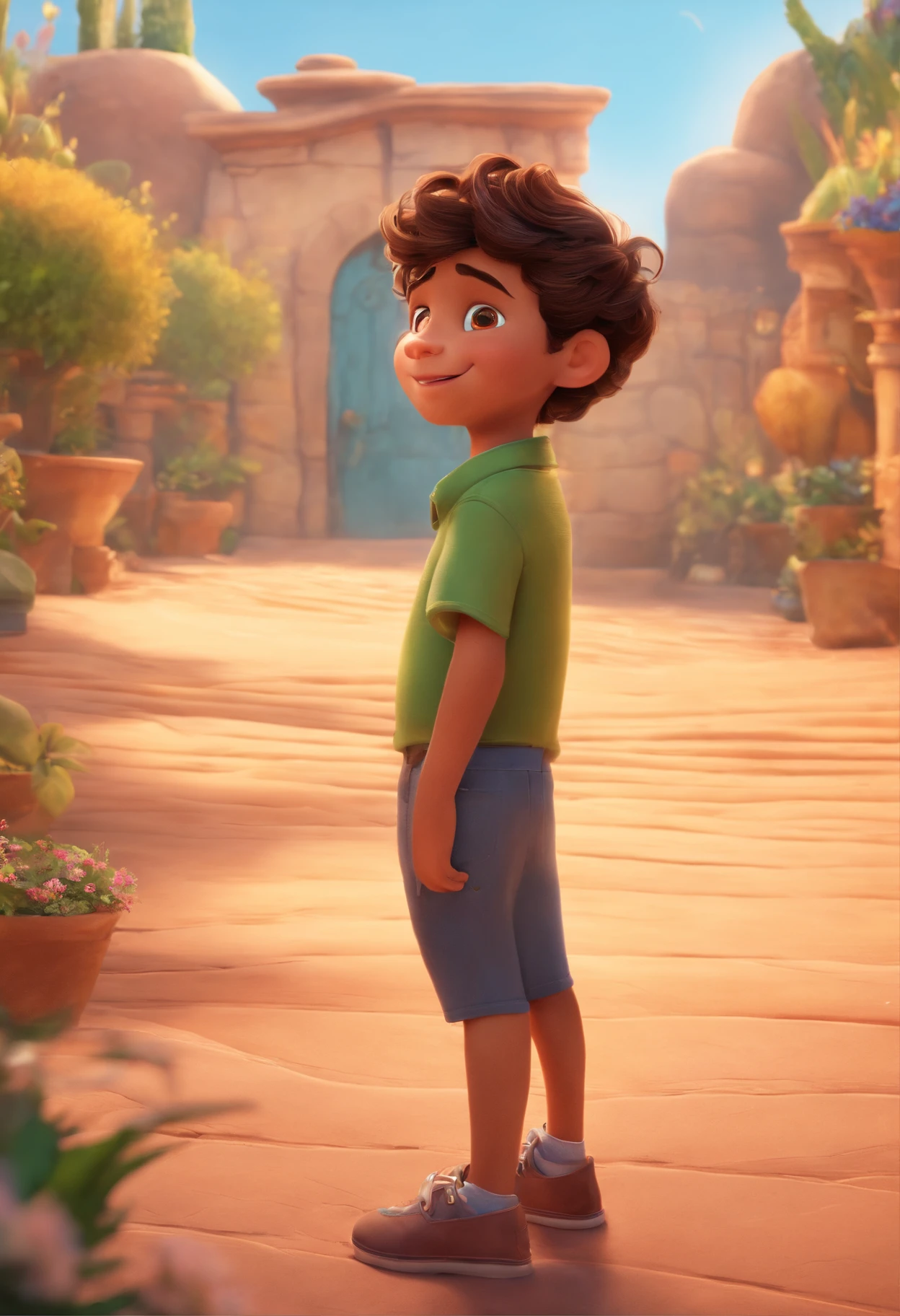 Image of a boy for a story in a YouTube video in Pixar format, He's the little allabester, He's the class leader, He's outgoing, Playful and gets up for a lot of things, cabelo curto