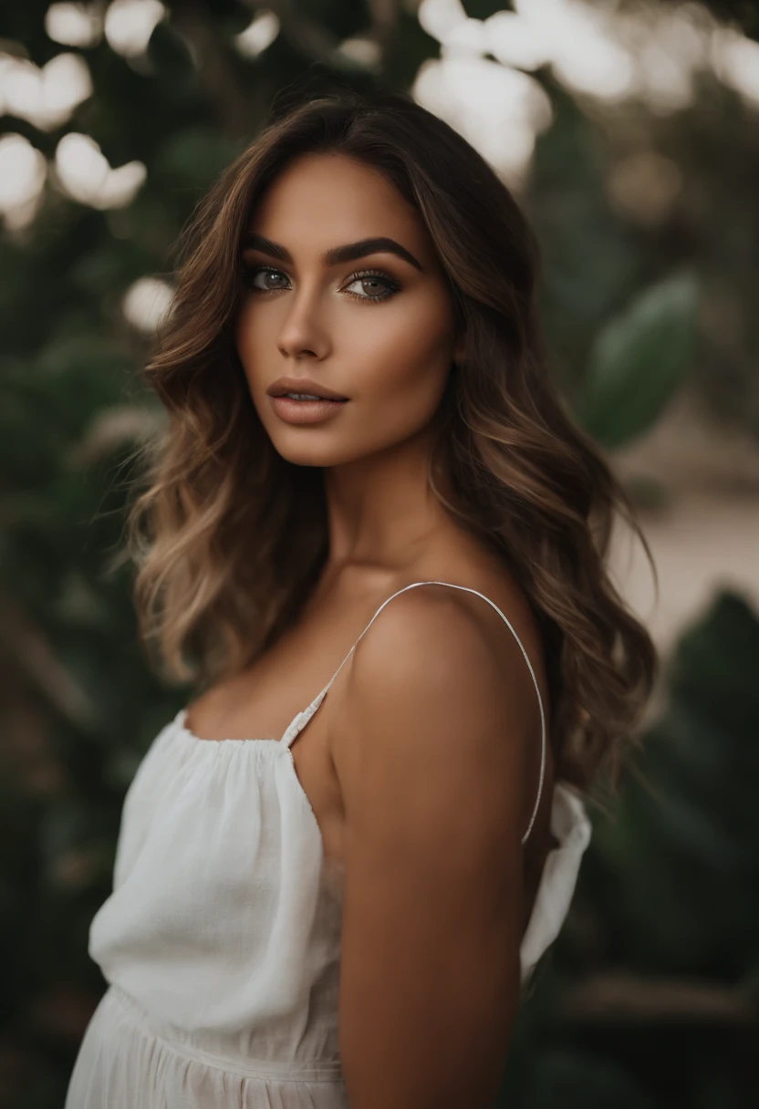Arafed mulher com uma regata branca e colar, Menina sexy com olhos verdes, Retrato Sophie Mudd, cabelos castanhos e olhos grandes, selfie de uma jovem mulher, Camera eyes, Violeta Myers, sem maquiagem, Maquiagem natural, staring directly at camera, Rosto com Artgram, Maquiagem sutil, Great full body photo, olhos verdes penetrantes