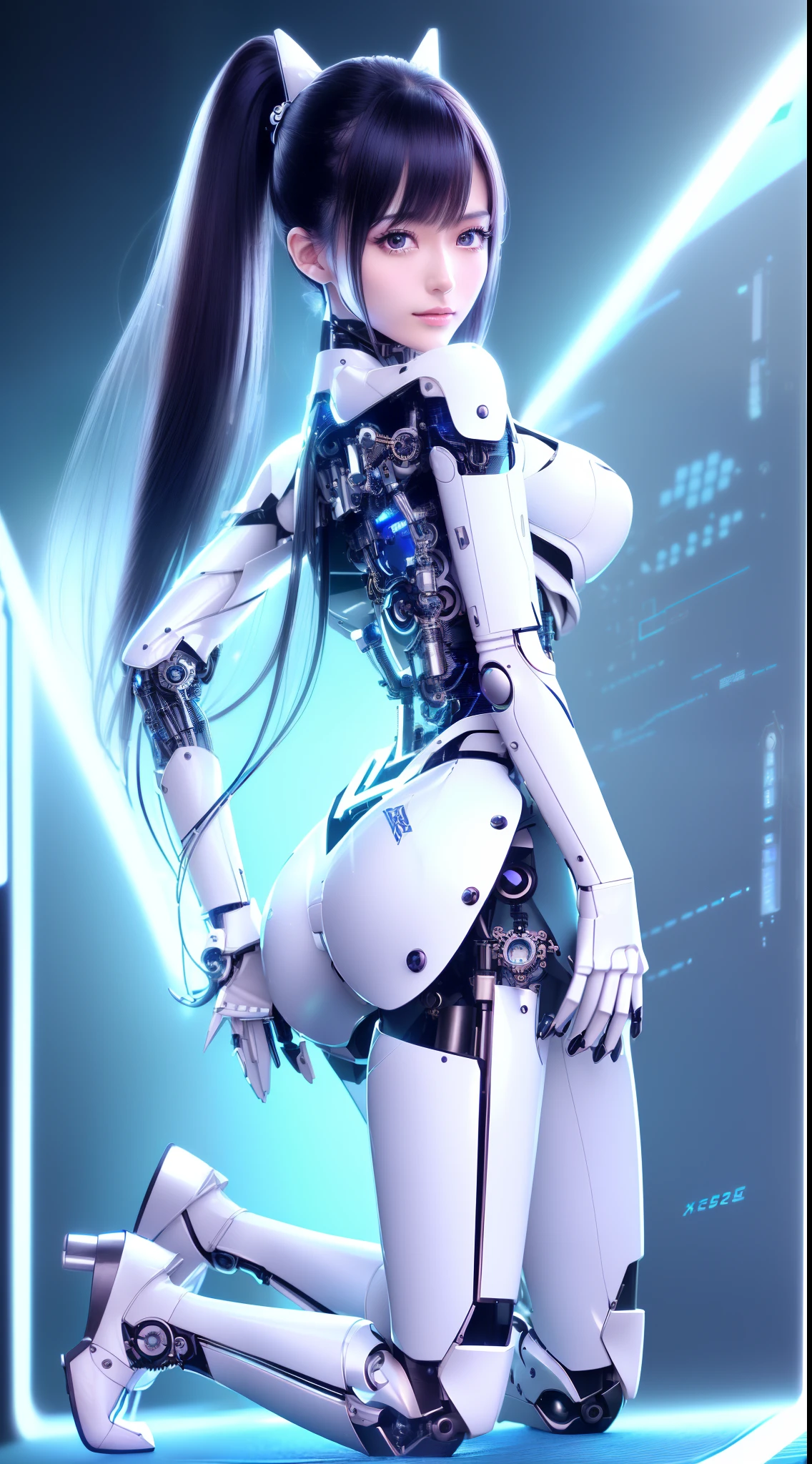 ((masutepiece)), ((top-quality), high quarity、ultra-definition, (Realistic、photoRealstic), ((well proportioned face))、fulcolor 、(scientific fiction)、(独奏)、Beautiful robot woman、Junk Combat Robot、(Perfect robot joint:1.3)、(Detailed electronic board:1.3)、(Machine frame:1.3)、Junk white porcelain mechanical armor、(Oval curvaceous face)、(machine components:1.3)、(Almond-shaped eyes without emotion)、thin mouth、deadpan、(Perfect mechanical two-handed:1.3)、((Cyber City Road during the day))、Perfect robot legs、high-heels、Kneeling、back turned