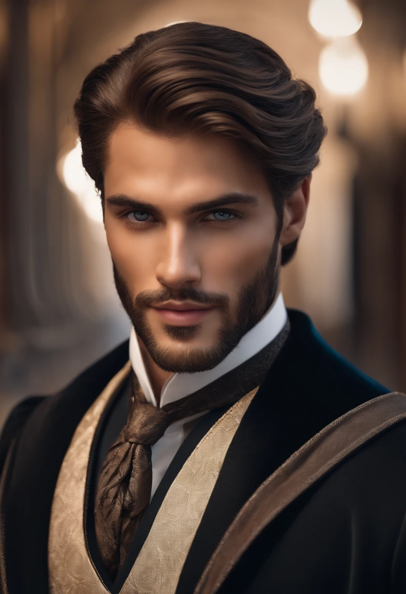 the best quality,Ultra detailded,Realstic:1.37,bel homme,beau visage,Detailed honey-colored eyes,Strong Jawline,Barbe de chaume,Beau sourire,Costume chic,Elegant hair,raser,Security posture,chevalier,Look captivant,well groomed,professionnel,Model appearance,Couleurs vives,studio lighting,ton de couleur chaud,Milieu: nature