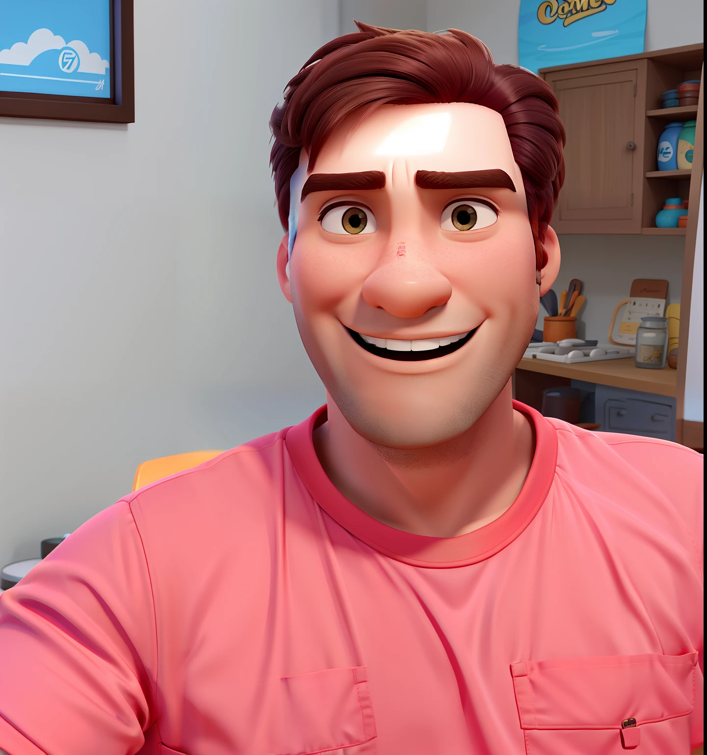 Um homem estilo Disney Pixar, alta qualidade, melhor qualidade, cabelos cacheados, fundo cozinha, com camiseta vermelha.