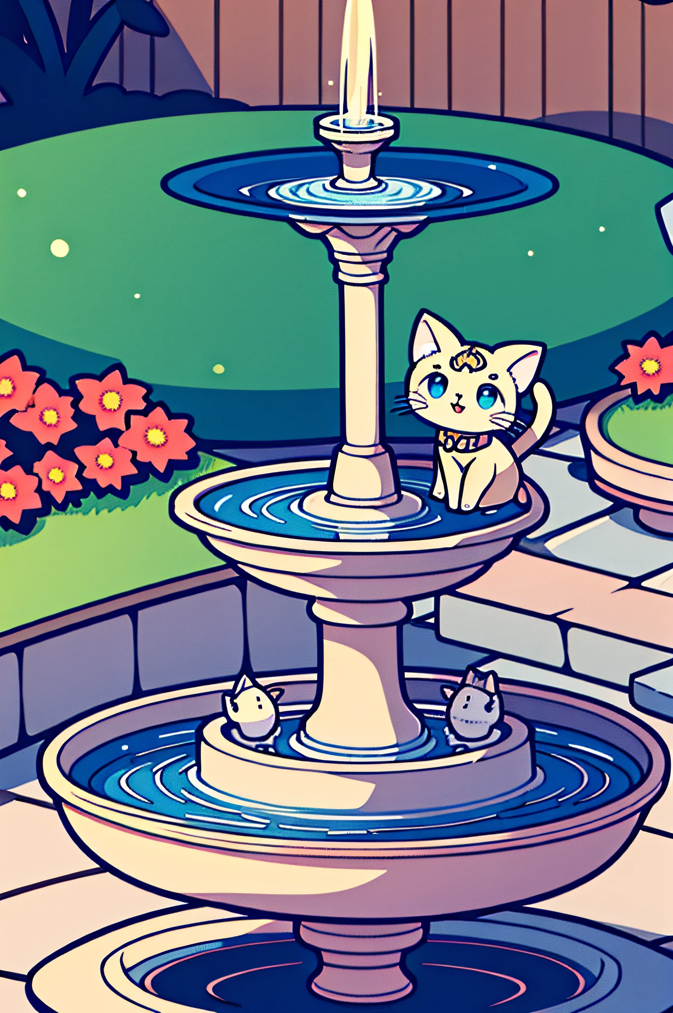 Cute cat with round eyes, Garden fountain, Distant home