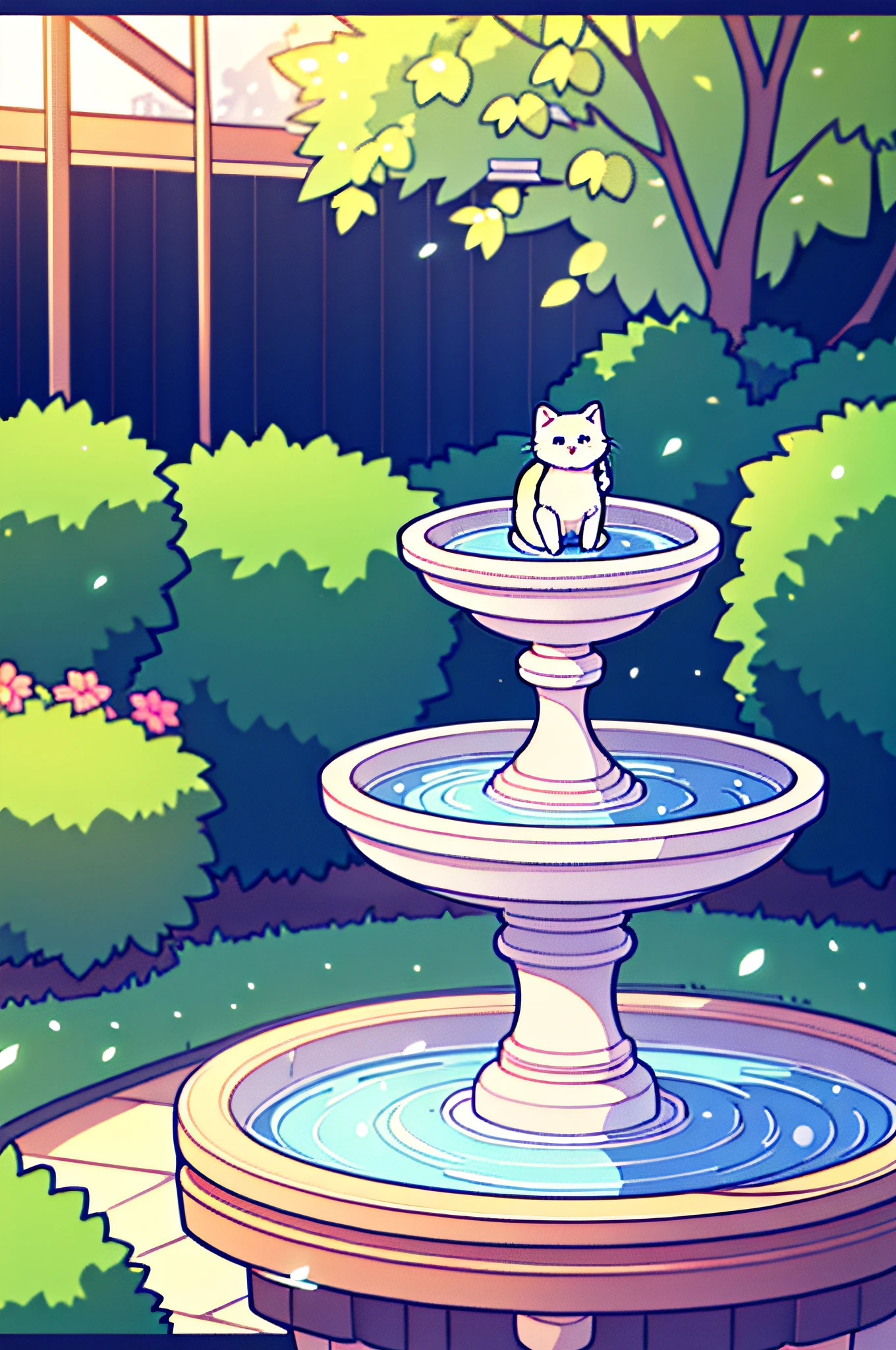 Cute cat with round eyes, Garden fountain, Distant home