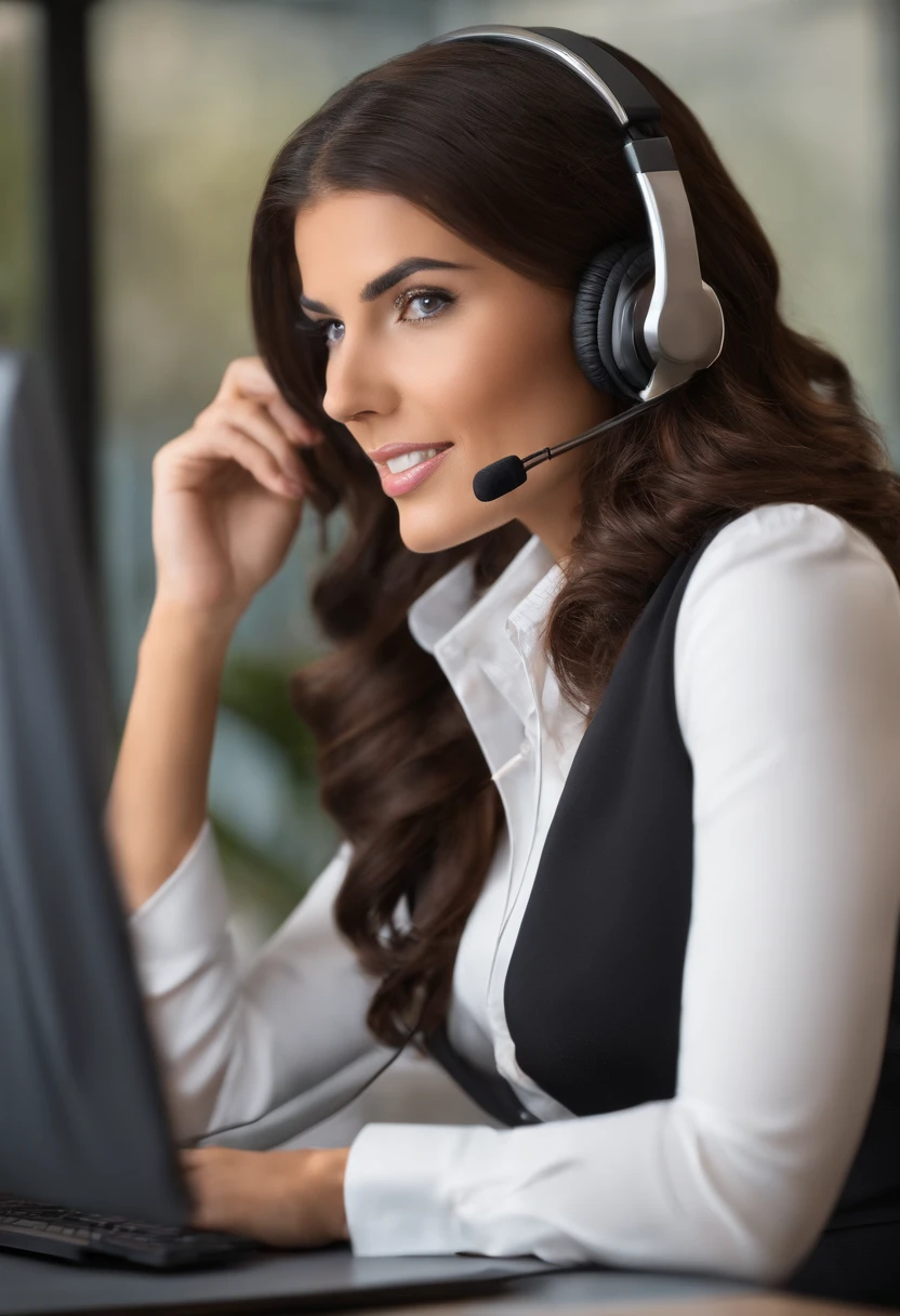 Brunete girl in the office, Hedset com entrada para auscultadores, business clothes, professional camera, 8k, hiper-realista, pele um pouco parda, cabelos pretos ondulados com mechas amarelas, headset on the head, telemarketing, pele parda, telemarketing