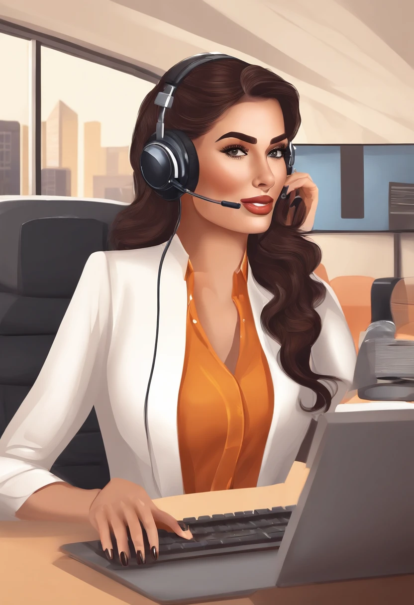 Brunete girl in the office, Hedset com entrada para auscultadores, business clothes, professional camera, 8k, hiper-realista, pele um pouco parda, cabelos pretos ondulados com mechas amarelas, headset on the head, telemarketing, pele parda, telemarketing