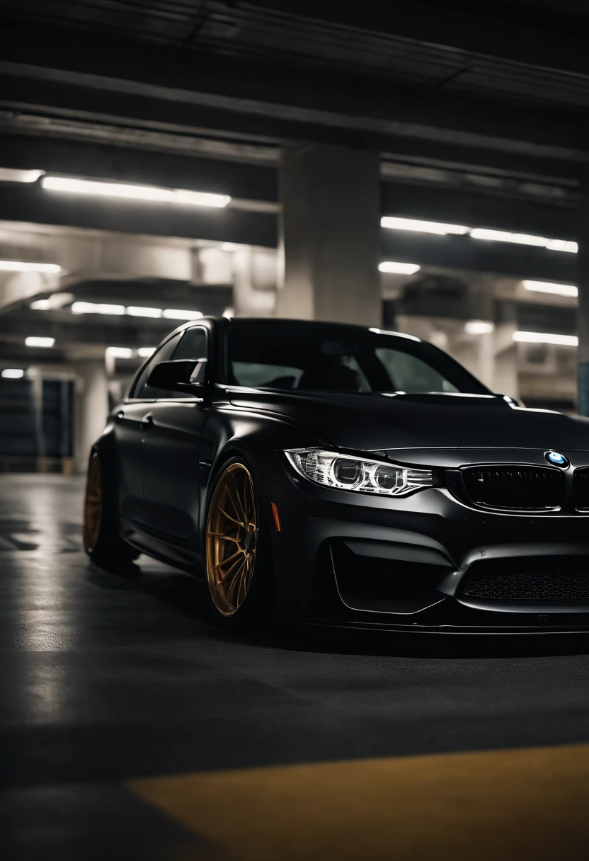 BMW F31 M3 lowered, stanced, low profile tires, Toyo tires , parked in a dark empty parkade, low light, golden hour, overcast, light rays, raytracing, realism, crystal clear image, intricate details, 200mm f2, detailed asphalt, realistic cracks in asphalt, close up, car portrait , car photography, aiming camera parallel with the runway