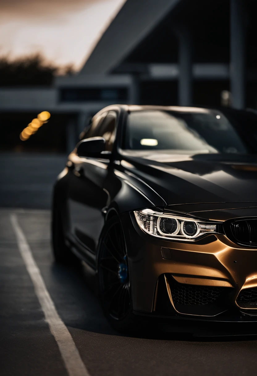 BMW F31 M3 lowered, stanced, low profile tires, Toyo tires , parked in a dark empty parkade, low light, golden hour, overcast, light rays, raytracing, realism, crystal clear image, intricate details, 200mm f2, detailed asphalt, realistic cracks in asphalt, close up, car portrait , car photography, aiming camera parallel with the runway
