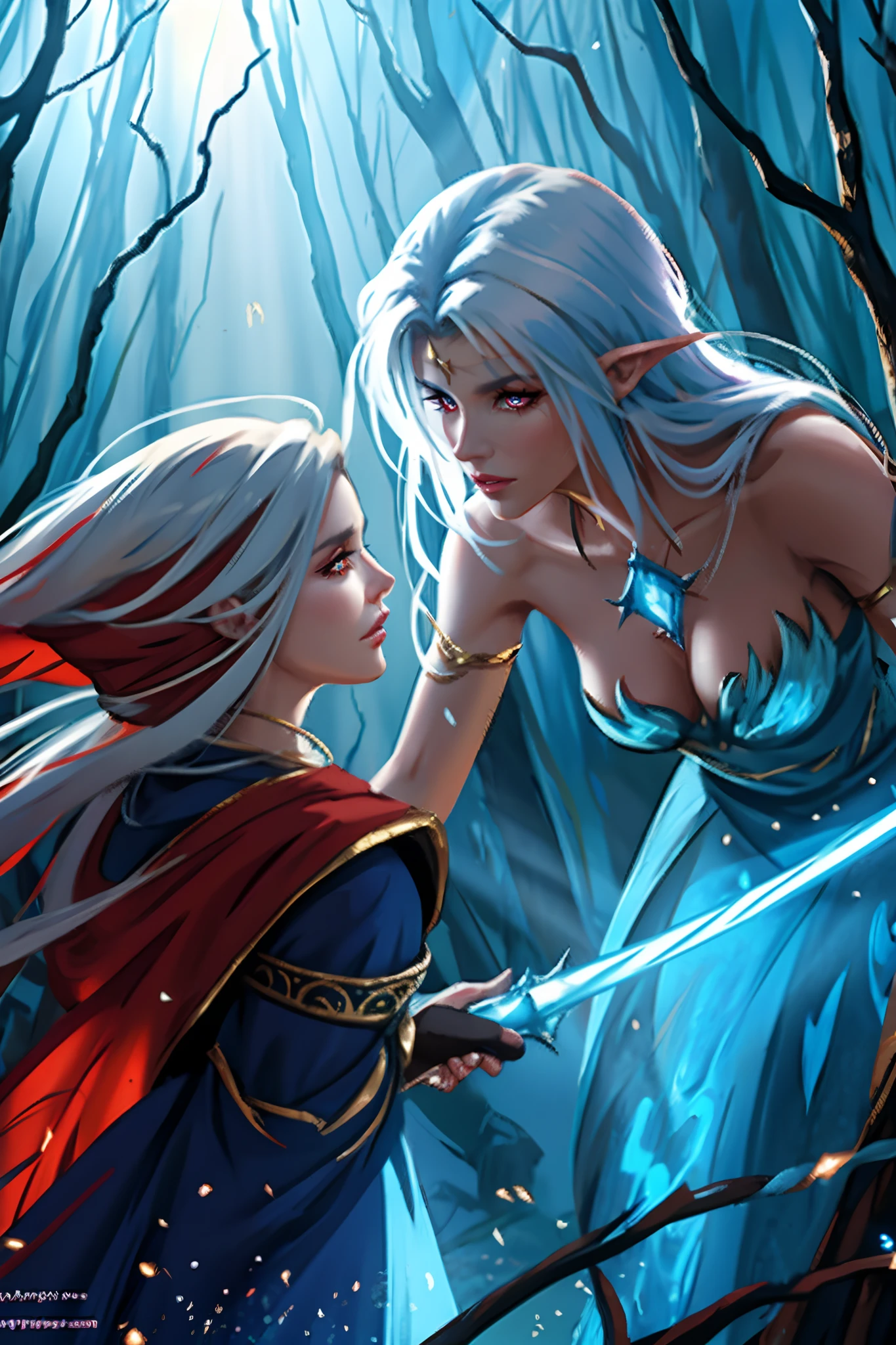 Mature woman, (fantasy:1.2), (backlight:1.2), glowing hairs, glowing eyes, red eyes, white hair, long hair, clevage, epic , camera angle, dynamic, UE5, Epic Battle, Magical Creatures, Ancient Castle, Heroic Warrior, Mystical Forest, Enchanted Realm, Dragon's Lair, Sorcerer's Spell, Ethereal Lighting, High-Fantasy, Heroic Music, Wide Landscape, Dramatic Sky, Mystical Aura, Sword of Destiny, Quest for Power.