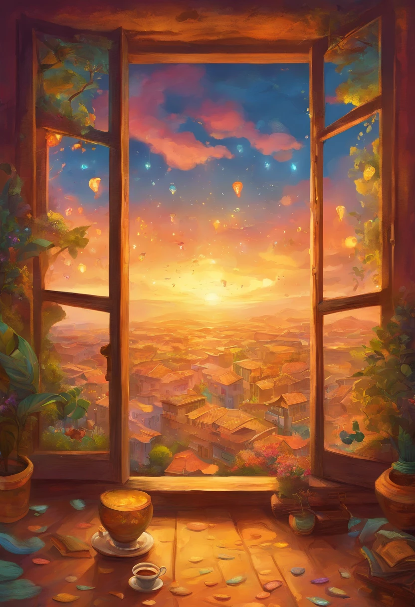 view from the window, sitting at the table, art in the form of scattered clay footprints, black coffee spilling, coffee shops, coffee makers, colorful foods, very happy and smiling South Americans on the street, yellowish lights and woodcuts, sunset, some colors in the arts, sensation of depth in the photo, realism, ultra definition, uhd, renderable image, footprint of a human