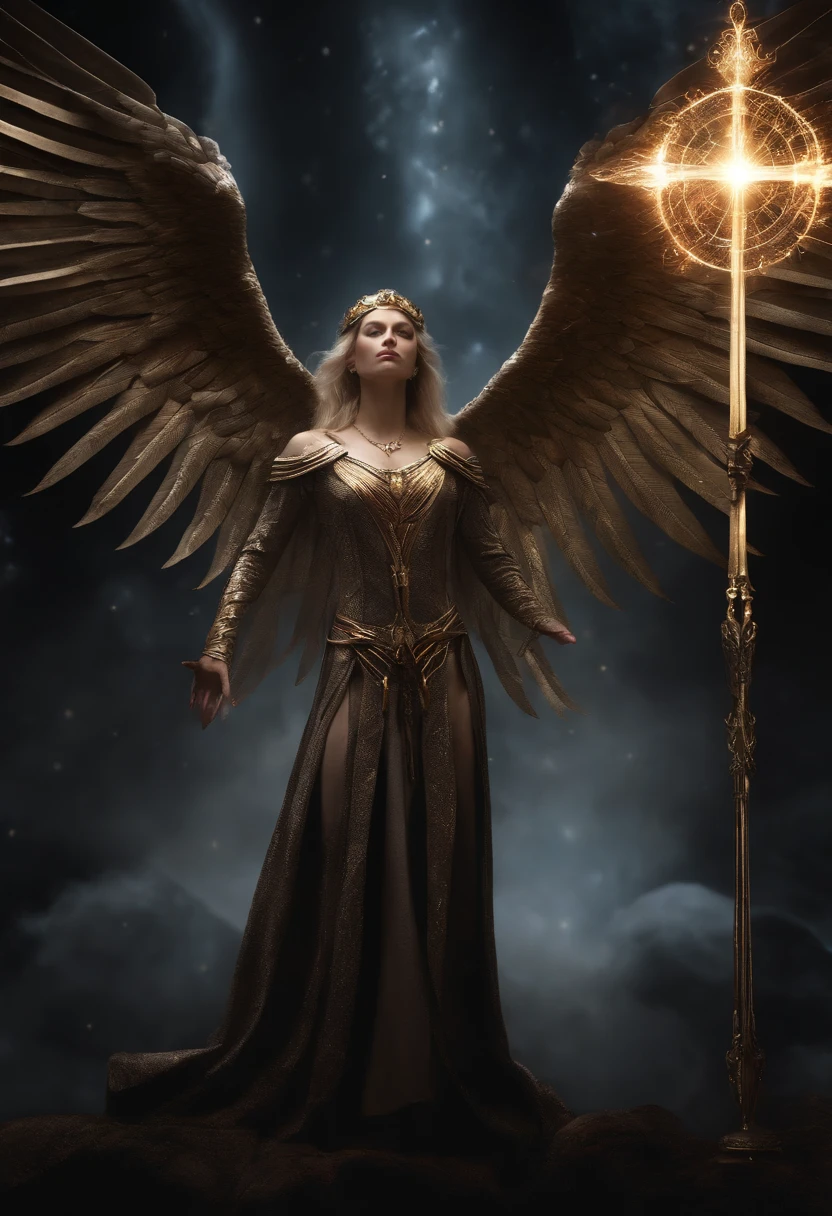 cosmic fallen angel, Tirael, Arms holy swords in hands, olhos claros brilhantes, Biomechanicals, Eldritch, assustador, Pesadelo, cores muito brilhantes, light particles, com luz luminosa, Arte do papel de parede, Papel de parede UHD,traje medieval
