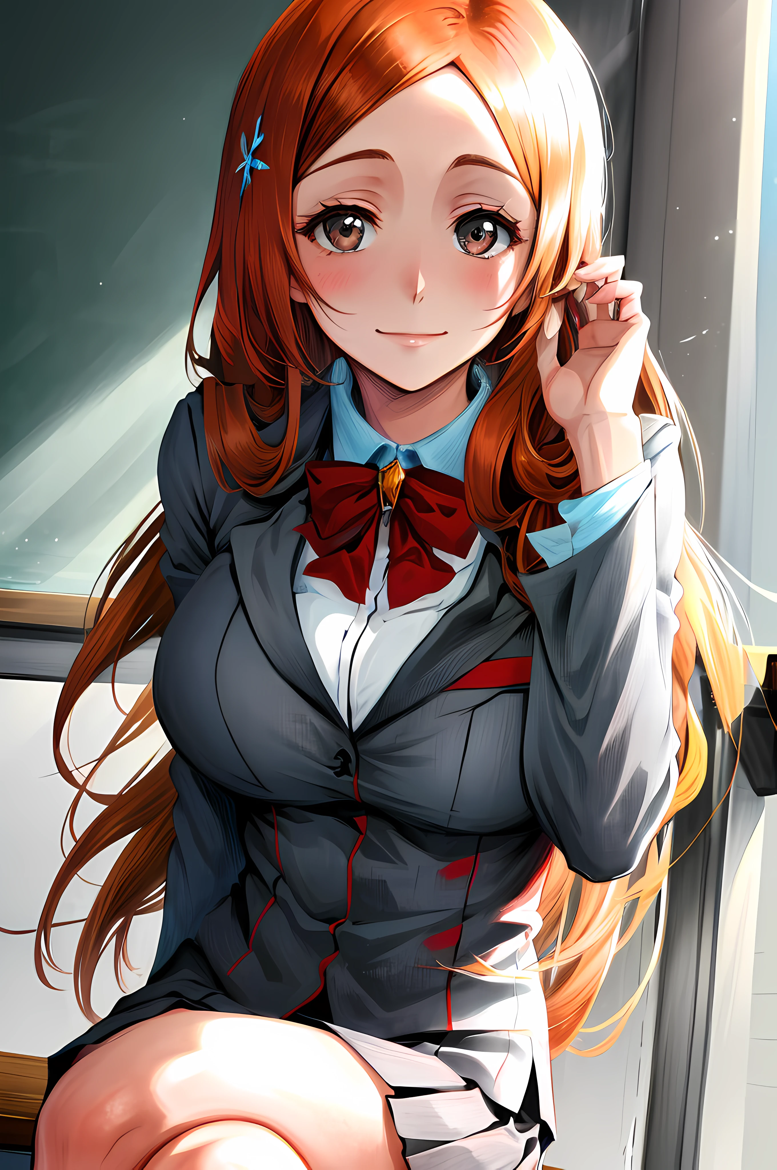 masterpiece, best quality, Inoueschool, 1girl, solo, orihime, sitting on a large desk, looking at viewer, long hair, gray eyes, Hair between the face,slight smile, classroom background,backbord, portrait