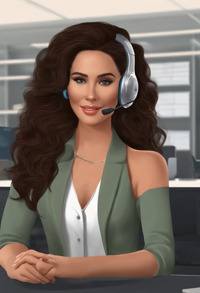 Brunete girl in the office, Hedset com entrada para auscultadores, business clothes, professional camera, 8k, hiper-realista, pele um pouco parda, cabelos pretos ondulados com mechas amarelas, headset on the head, telemarketing, pele parda, telemarketing
