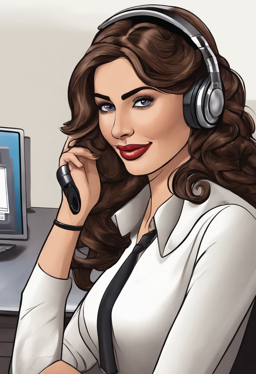 Brunete girl in the office, Hedset com entrada para auscultadores, business clothes, professional camera, 8k, hiper-realista, pele um pouco parda, cabelos pretos ondulados com mechas amarelas, headset on the head, telemarketing, pele parda, telemarketing