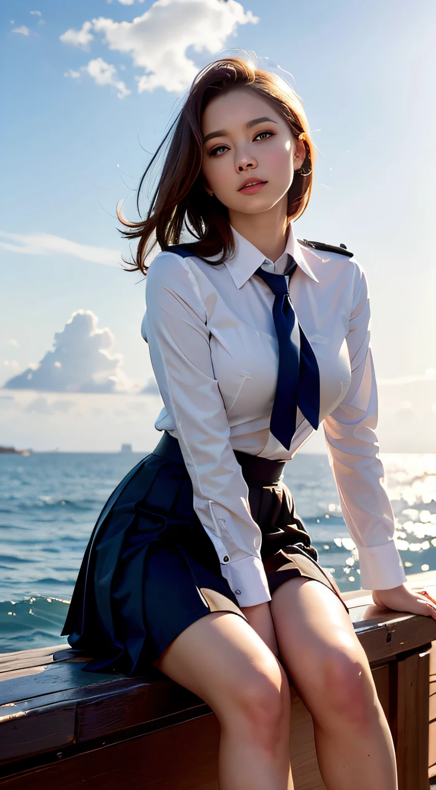 (Best quality, High resolution, Masterpiece :1.3)avec de long cheveux, Une jolie femme, Des seins dodus et volumineux, Cinched waist,
Against the backdrop of a red-tinted sunset sky with clouds and the sun sinking into the sea, There is a beautiful high school girl in school uniform sitting. Her hair is light brown, And it's in a medium bob style. She wears a white blouse and pleated skirt as part of her uniform. Elle est assise, legs apart, And his gaze is directed to the camera. Please create this scene from a low-angle shot.