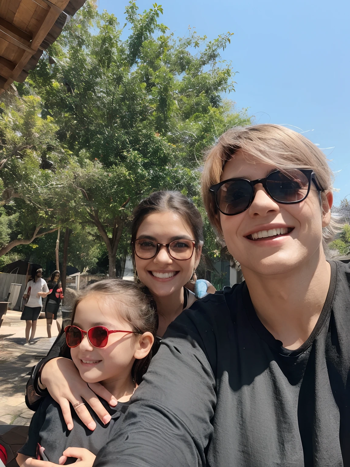 mulher cabelos curtos, grisalhos, oculos escuros,  Black t-shirt and smiling together with little child in red glasses and black t-shirt, e mulher de cabelos escuros preso e oculos estilo ray ban
