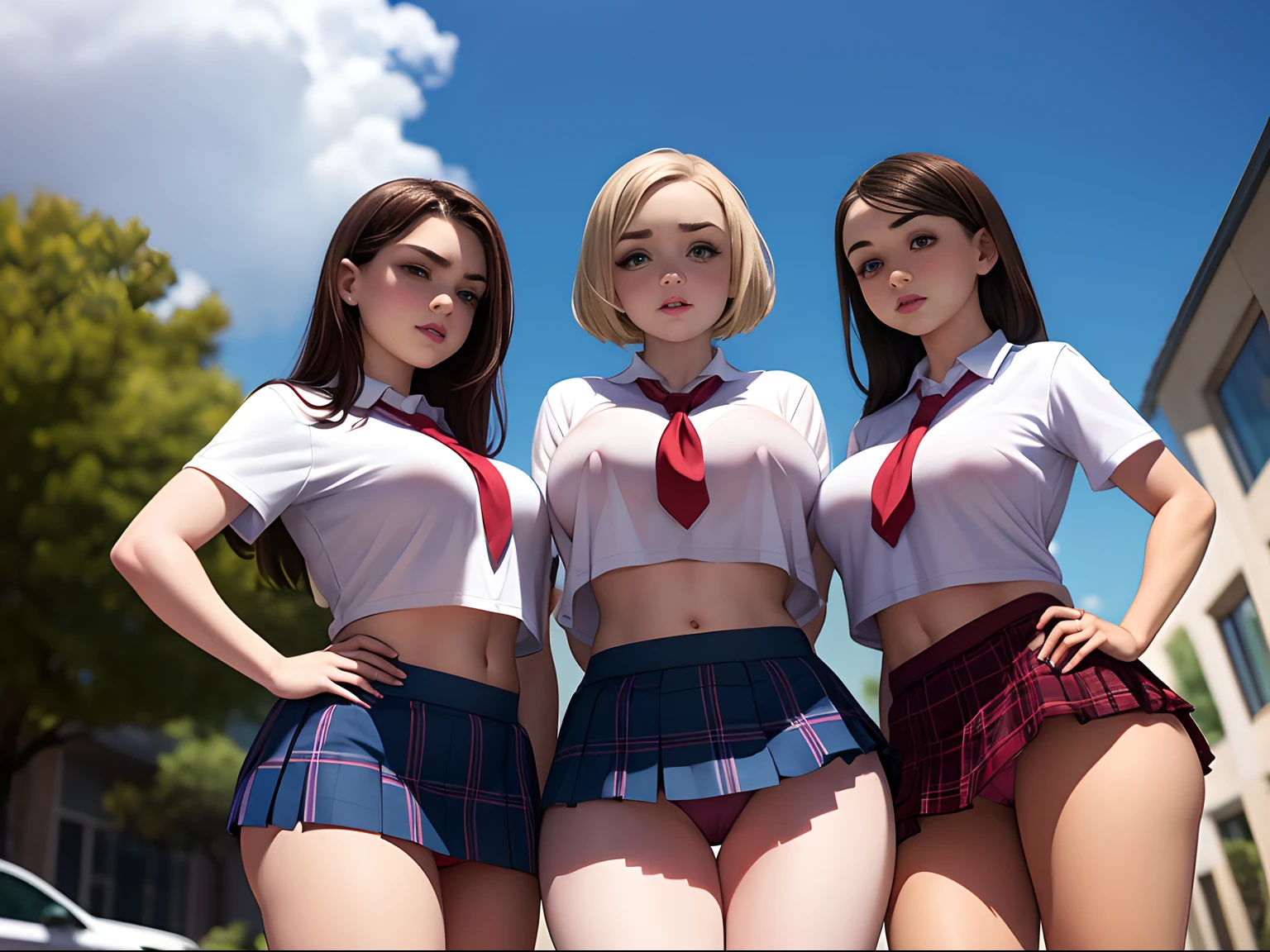 Maisie Williams, twin girls, sisters, two girls, standing in front of school, sunny day, cloudy skies. wearing school uniform, wearing red plaid mini skirt, skirt so short you can see panties, wearing crop top, tight clothes, revealing outfit, pouty face, sexy pose, big breasts,