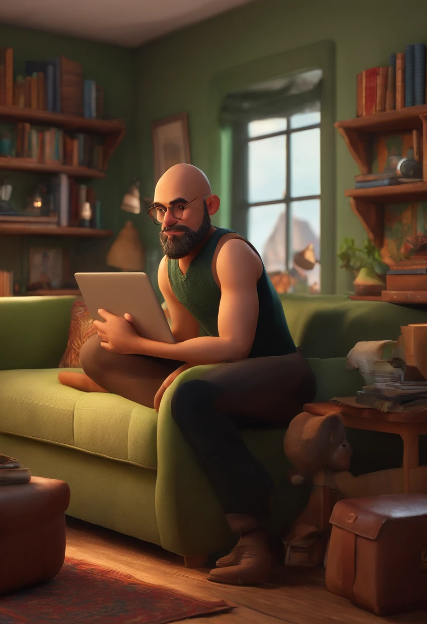 A man with shaved hair and a short beard inspired by Pixar animation, de perto. Facial expressions are captivating, com um toque de irrealidade. He's in his home office, vestido de roupa preta, trabalhando em um laptop.