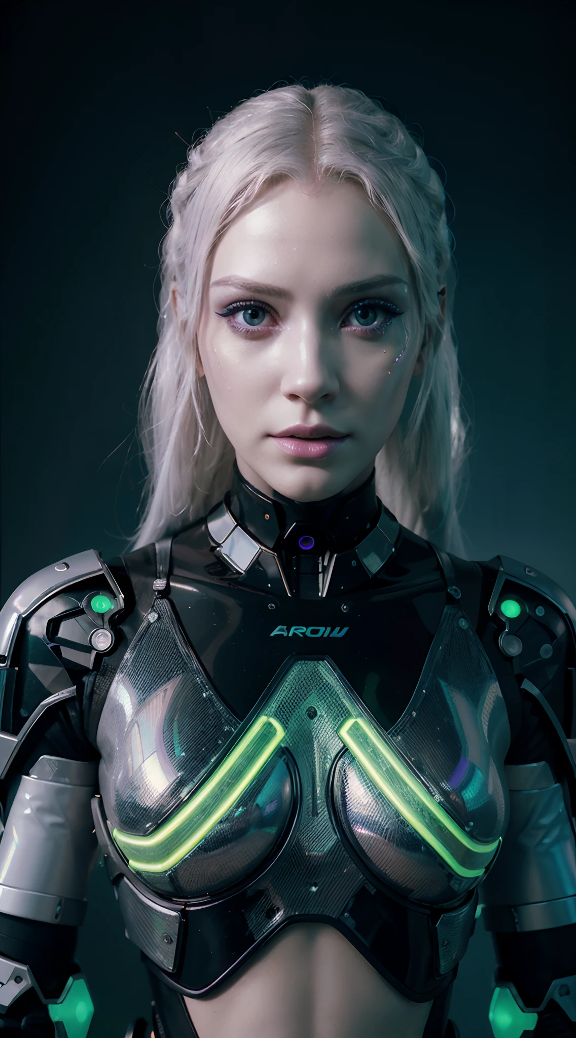 a close up of a mannequin with holographic neon skin mix with cyborg female, sci-fi android female, neon eyes purples, neon purple mask, cybernetic head, inspired by Aeforia, portrait of an android, futuristic look, cybernetic glowing, portrait of female humanoid, vaporwave style retrofuturistic female android, integrated synthetic android, glowing head, portrait of albino mystic, (cybernetic), inspired by aeforia, arca album cover, uncanny valley