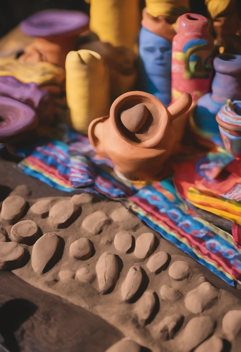 view from the window, sitting at the table, art in the form of scattered clay footprints, black coffee spilling, coffee shops, coffee makers, colorful foods, very happy and smiling South Americans on the street, yellowish lights and woodcuts, sunset, some colors in the arts, sensation of depth in the photo, realism, ultra definition, uhd, renderable image, footprint of a human
