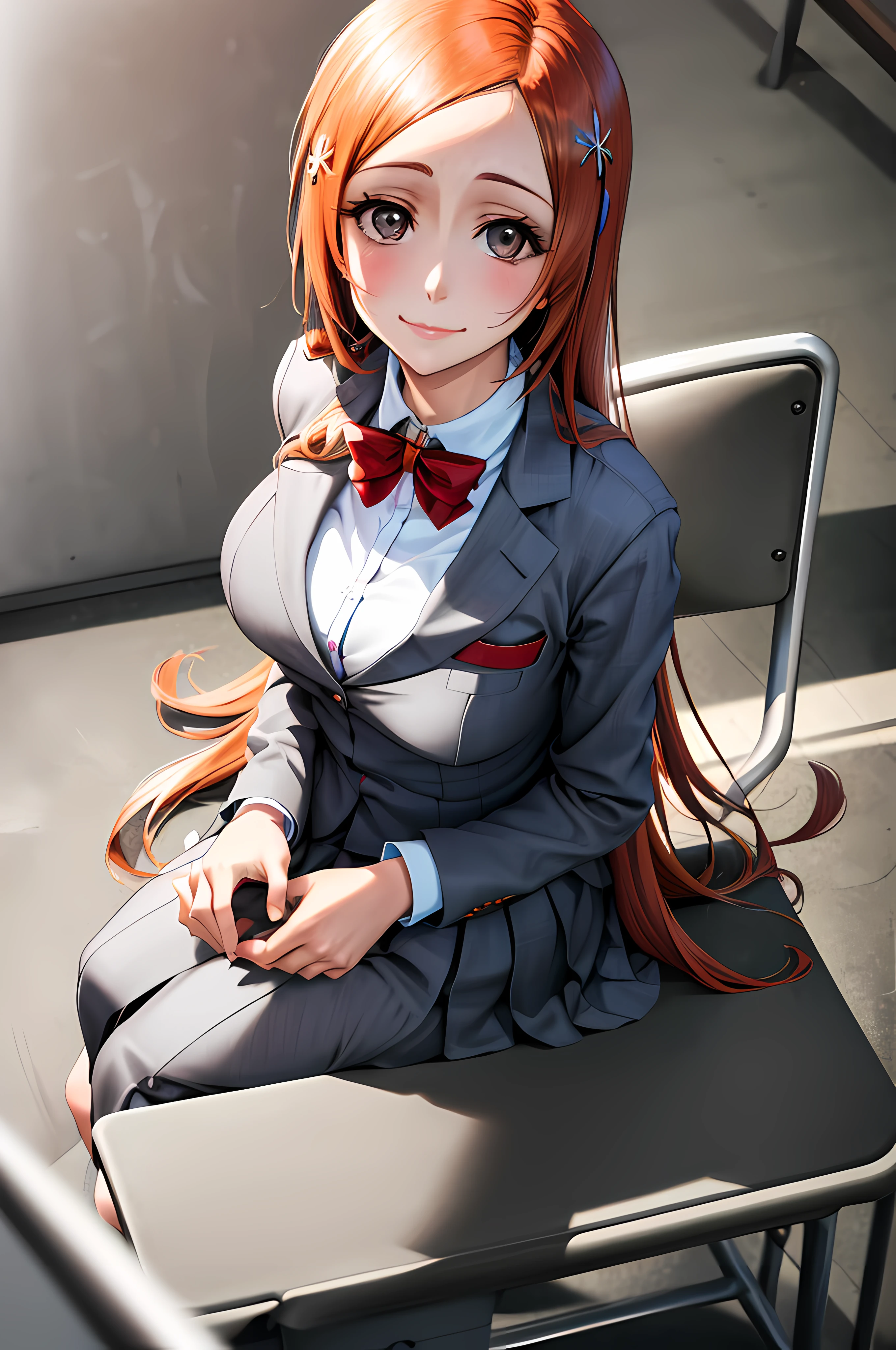 view from above, frontal view, masterpiece, best quality, Inoueschool, 1girl, solo, orihime, sitting at large desk, looking at viewer, long hair, gray eyes, slight smile, classroom background, blackboard , portrait