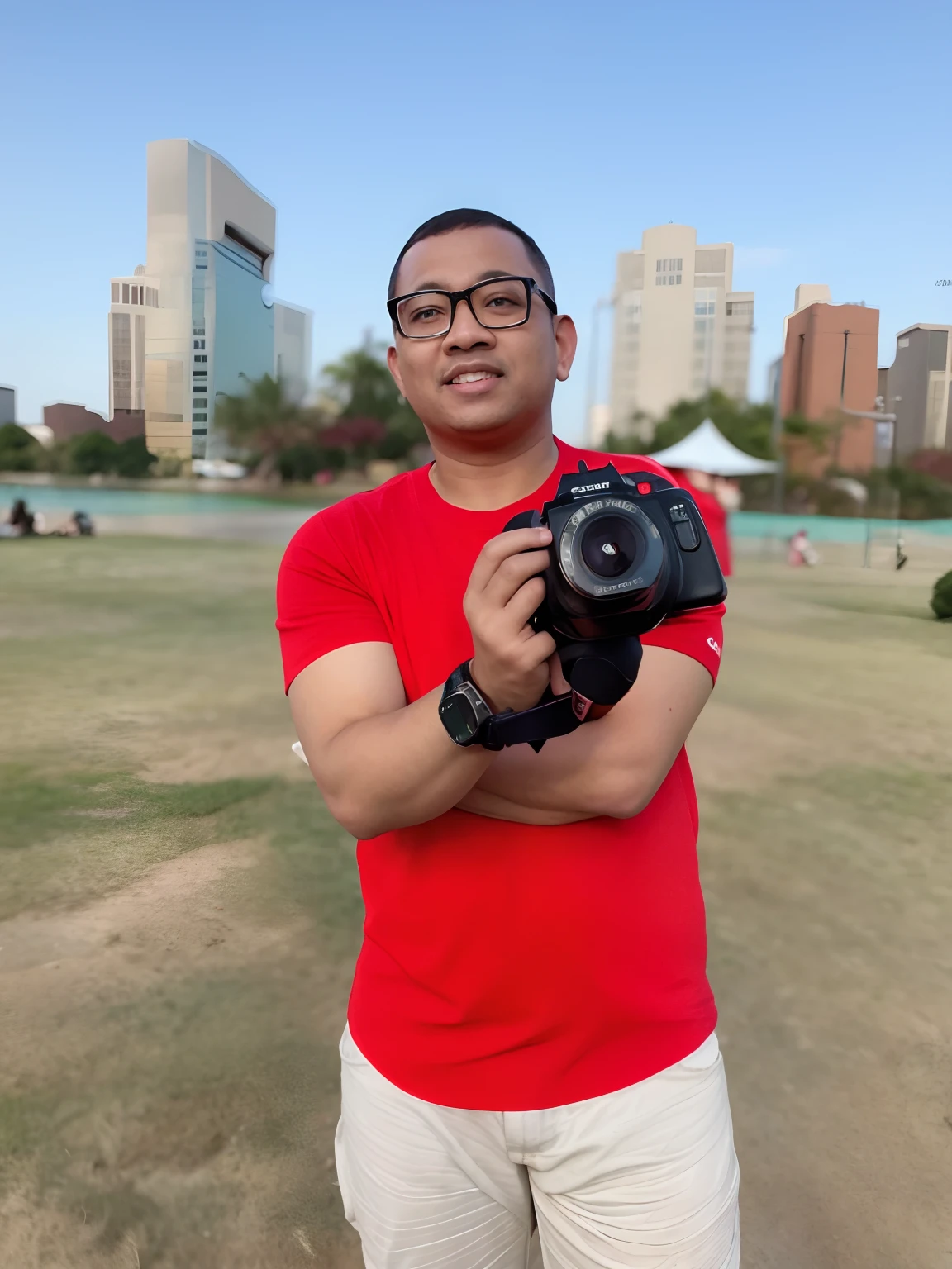 Man in red shirt holding a camera in a park, Foto Profissional, Tiro na Canon EOS R5, Tiro na Canon EOS R 5, fotografia, Retrato tirado 8 K, Foto tirada com Canon 5D, Fotografia Profissional, Foto profissional, holding a camera, holding a big camera, Fotografia selfie 8k, 35mm Canon EOS R3