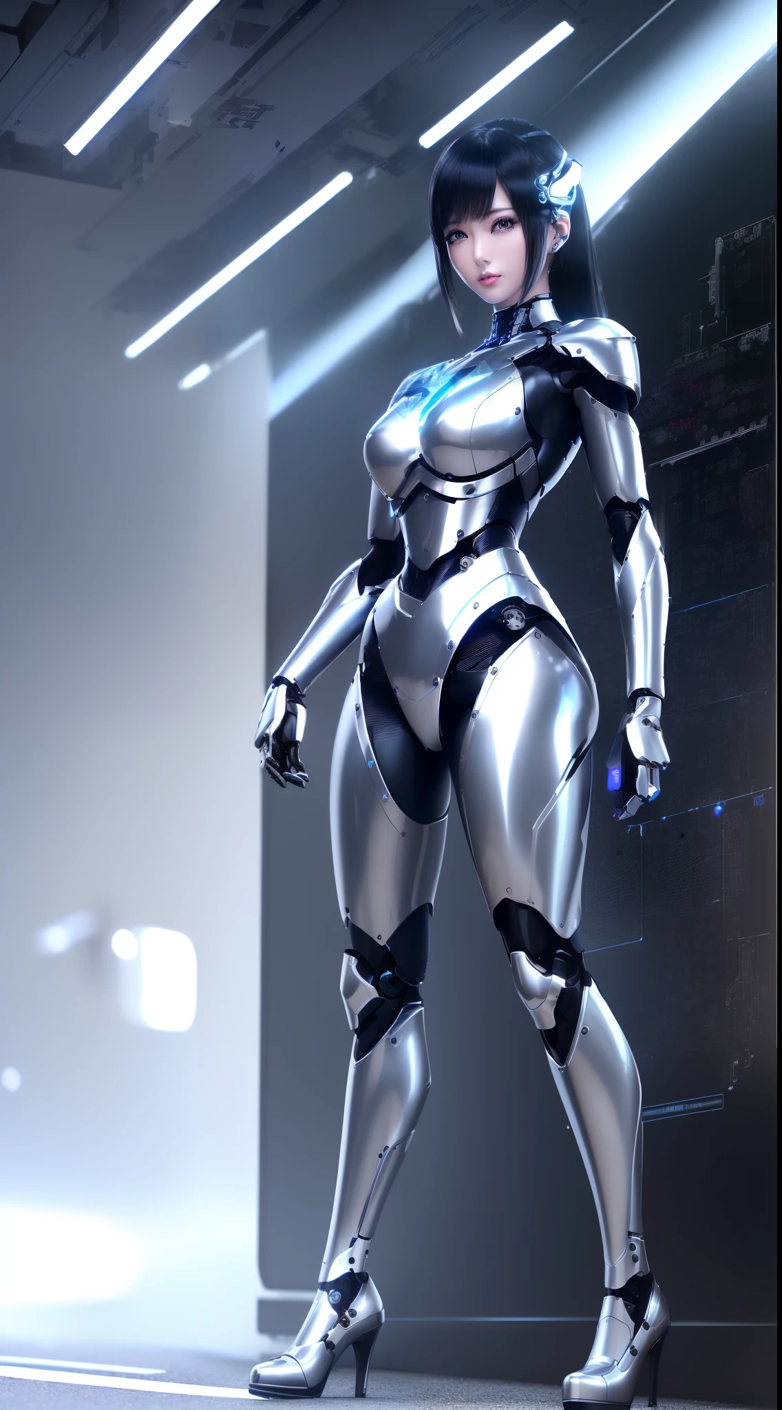 ((masutepiece)), ((top-quality), high quarity、ultra-definition, (Realistic、photoRealstic), ((well proportioned face))、fulcolor 、(scientific fiction)、(独奏)、Beautiful robot woman、Police robot in combat posture、(Perfect robot joint:1.3)、(Detailed electronic board:1.3)、(Burst of the machine frame:1.3)、White porcelain mechanical armor、(Oval curvaceous face)、(machine components:1.3)、(Almond-shaped eyes without emotion)、thin mouth、deadpan、(Perfect mechanical two-handed:1.3)、((Cyber City Road during the day))、Perfect robot legs、high-heels、Electric Shock Effects