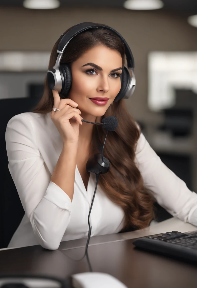 Brunete girl in the office, Hedset com entrada para auscultadores, business clothes, professional camera, 8k, hiper-realista, pele um pouco parda, cabelos pretos ondulados com mechas amarelas, headset on the head, telemarketing, pele parda, telemarketing, perfect hands, perfect gestures, no flwas,