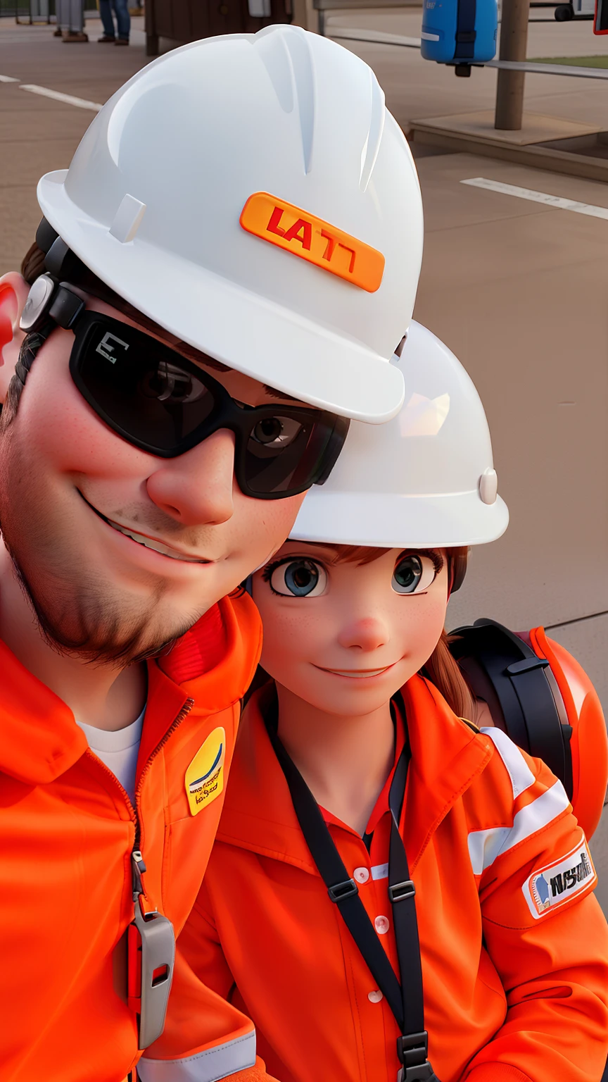 A couple in a safety helmet outfit.