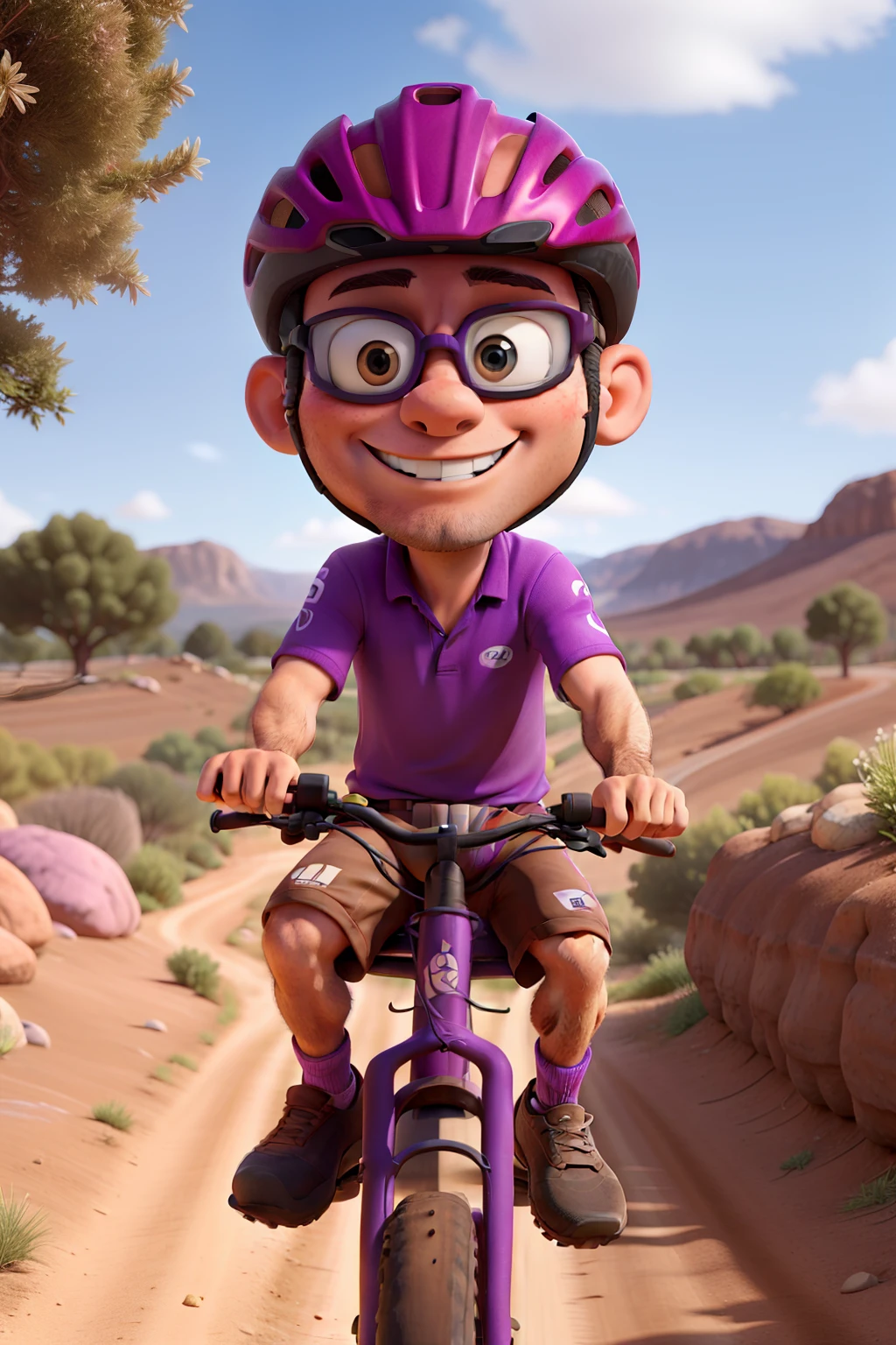 A 36 year old man cyclist pedaling his bike through dirt roads with pink and purple outfit Helmet, goggles and dirt road bike Brown hair, light brown skinned brown eyes Smiling and having fun