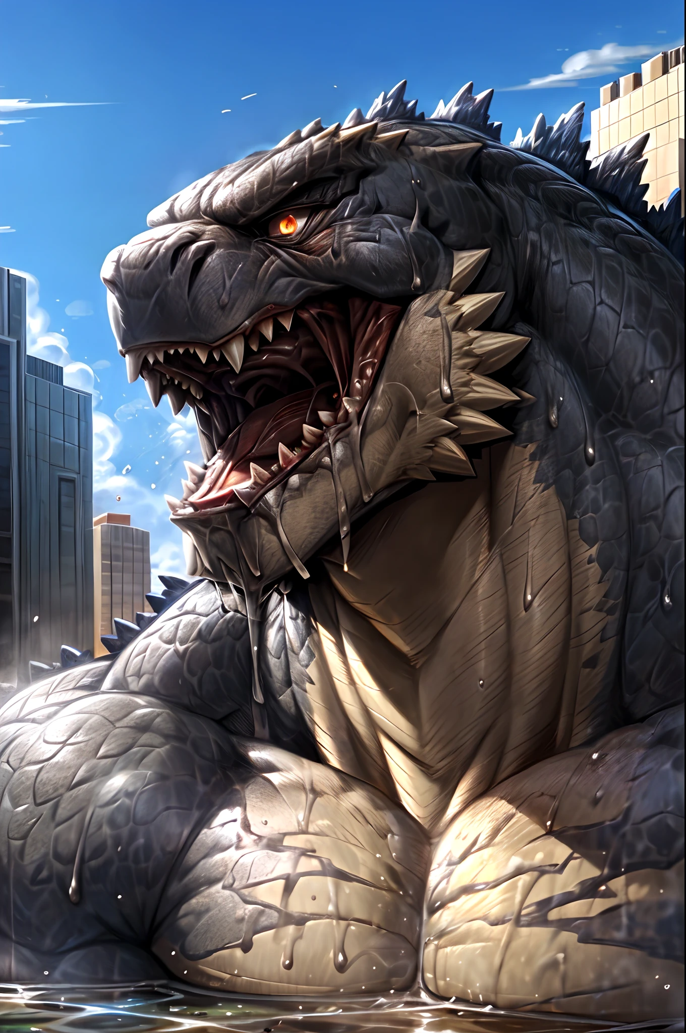 ((Head) close-up):1, godzillaxp, adult, mature, handsome, (godzilla proportions):0.5, (correct anatomy):1, vascular veins, dragon tail, topless, ultradetailed, (by wfa:1), (by takemoto_arashi, by vorusuarts, by Traver009:1, by grimfaust:1), natural lighting (city background), (sweat:1.4, wet:1.6), (lots of sweat flowing down) exhausted, dragon head ((open:1 eyes, detailed):1.2), open mouth (steaming breath:1.2, drooling, dripping saliva, thick drool) tongue sticking out, (serious:1.4) expression), in pain