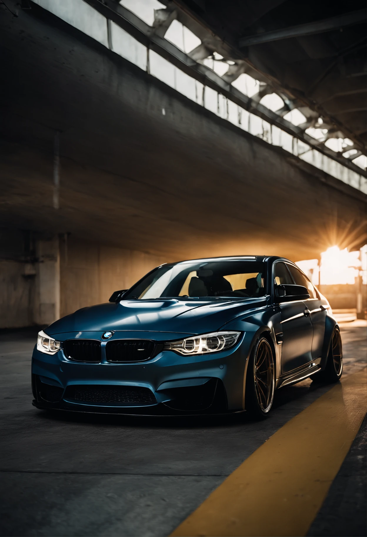 BMW F31 M3 lowered, stanced, low profile tires, Toyo tires , parked in a dark empty parkade, low light, golden hour, overcast, light rays, raytracing, realism, crystal clear image, intricate details, 200mm f2, detailed asphalt, realistic cracks in asphalt, close up, car portrait , car photography, aiming camera parallel with the runway