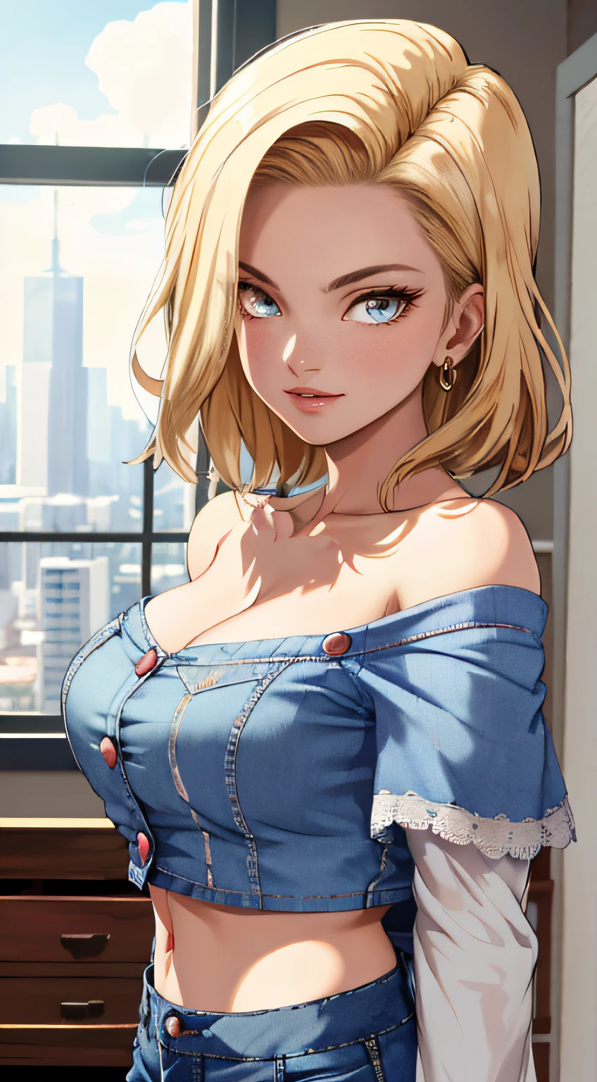 tmasterpiece， Best quality at best， ultra - detailed， absurderes， Portrait beautiful Android18DB， 独奏， 耳Nipple Ring， (比基尼:1.5)，underdressing，jewely， (Off-the-shoulder attire:1.5)，cleavage， upperbody closeup，ssmile， thongs， vests， ​​clouds， Skysky， daysies， exteriors，Denim super shorts，best qualtiy， tmasterpiece， intricately details， Tone-mapping， Sharp focus， ultra - detailed， Artstati is the trend，lips, perfect face, blush, lover, huge breasts, perfect eyes, bedroom, lingerie