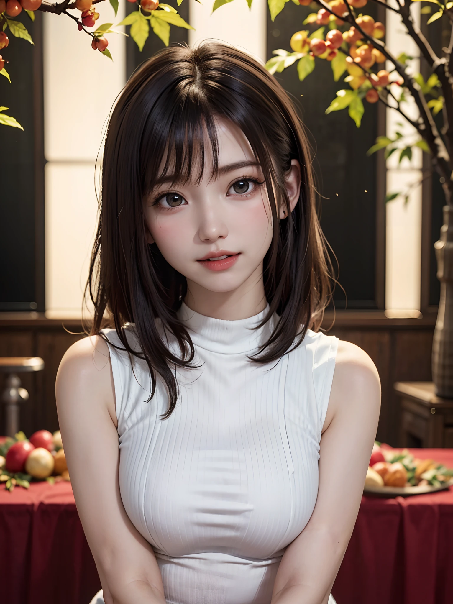 (masutepiece:1.4, top-quality、Very attractive adult beauty with a very cute smile:1.4、Add intense highlights to the eyes:1.4、Look firmly at the camera、Beautiful woman full of adult charm:1.4),1girl in, 独奏, Light brown shiny hair, muffler,Santa Claus hat:1.4,realisitic, looking at the viewers, Bright colored crystal light blue eyes:1.4, short shiny hair, Santa Claus Starneck Knit、 Red and white costume of Santa Claus in turtleneck with round hole in the center of the chest:1.4,Sexy red and blue turtleneck knit sweater with round hole in the center of chest:1.4、 s lips, lipgloss:1.4，bangss, The upper part of the body、big eye、Lashes、The face is a little red:1.4、Embarrassing)、((Canadian tree-lined avenues in autumn:1.4))、((Shorthair with bangs、big eye、Put very strong highlights in your students:1.4、{Gigantic|Big|Huge|Mega} breasts:1.4、very Bigger breasts、gazing at viewer、Very beautiful beauty、Put your ears out:1.4、long neck:1.4、little smiling、Beautiful teeth、Open your mouth and smile:1.4))、28 year old:1.4、Very cute supermodel:1.4、