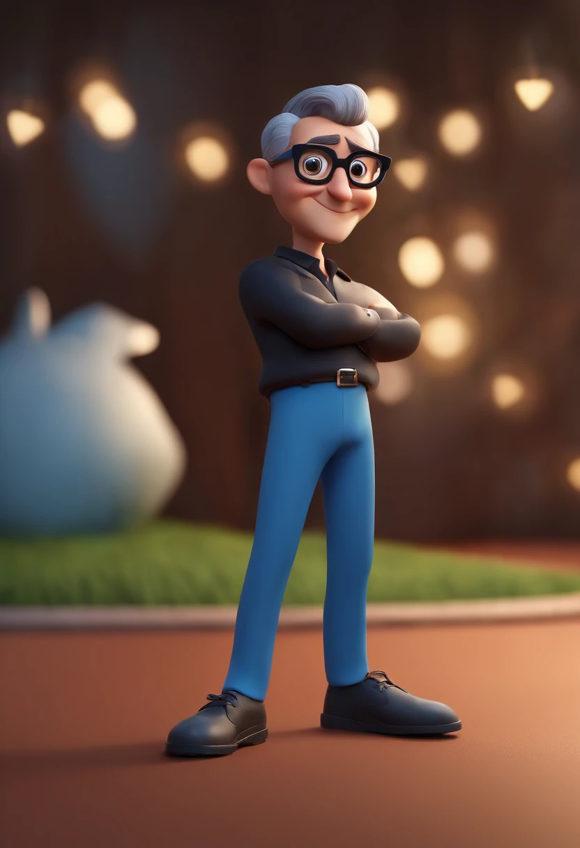 Cartoon character of a man wearing black glasses and a blue shirt, um personagem animado, Caractere estilizado, animation style rendering, 3D estilizado, Arnold Maya render, 3 d render stylized, toon render keyshot, Personagem 3D, Personagem 3D, 3d rendering stylized, 3 d character render, personagem de desenho animado, Personagem de close up, Pose de personagem, (Estilo Pixar) (master part:1.2) (Bokeh) (best quality) (pele detalhada) (textura detalhada) (8k) (argila) (Cinematic lighting) (foco nítido,Senta e vaza a parte superior do corpo