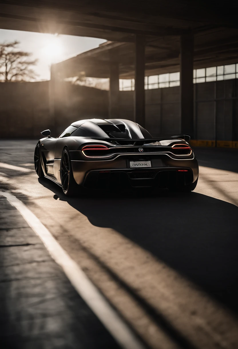 Koenigsegg Gemera, lowered, stanced, low profile tires, Toyo tires , parked in a dark empty parkade, low light, golden hour, overcast, light rays, raytracing, realism, crystal clear image, intricate details, 200mm f2, detailed asphalt, realistic cracks in asphalt, close up, car portrait , car photography, aiming camera parallel with the runway