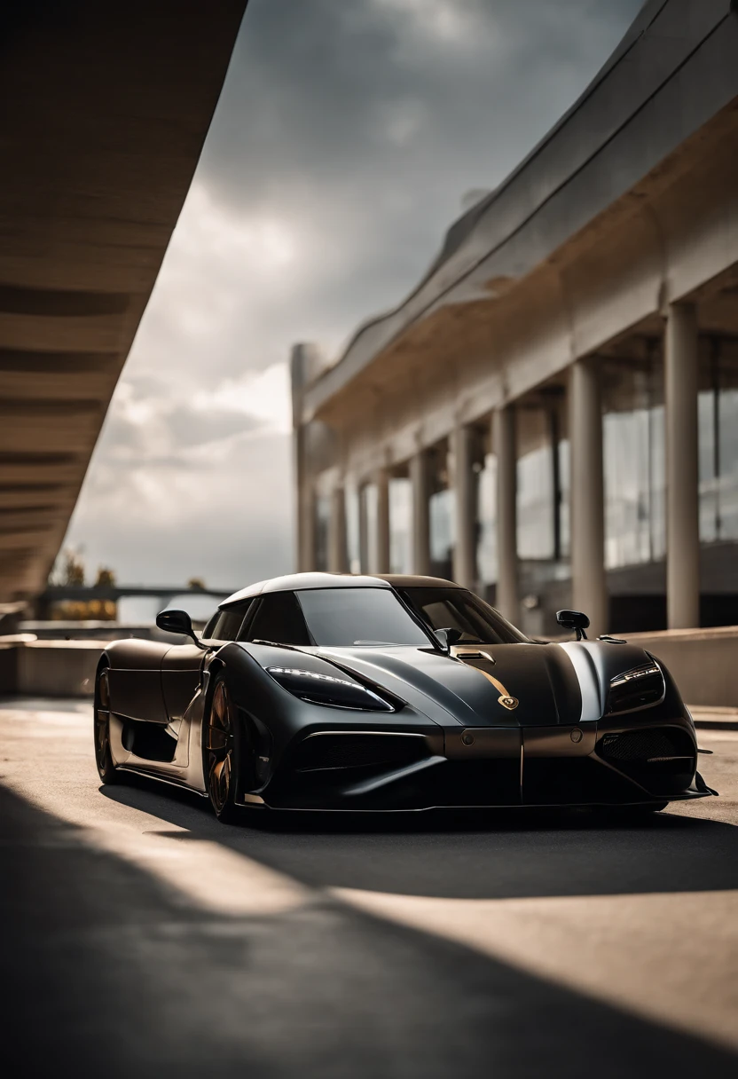 Koenigsegg Gemera, lowered, stanced, low profile tires, Toyo tires , parked in a dark empty parkade, low light, golden hour, overcast, light rays, raytracing, realism, crystal clear image, intricate details, 200mm f2, detailed asphalt, realistic cracks in asphalt, close up, car portrait , car photography, aiming camera parallel with the runway