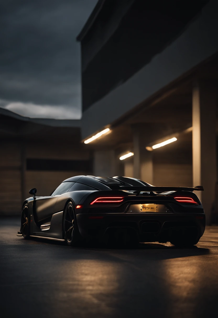 Koenigsegg Gemera, lowered, stanced, low profile tires, Toyo tires , parked in a dark empty parkade, low light, golden hour, overcast, light rays, raytracing, realism, crystal clear image, intricate details, 200mm f2, detailed asphalt, realistic cracks in asphalt, close up, car portrait , car photography, aiming camera parallel with the runway