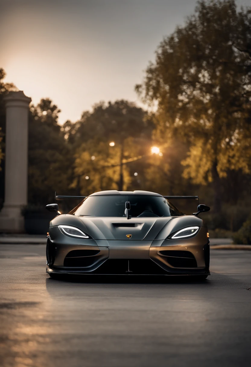 Koenigsegg Gemera, lowered, stanced, low profile tires, Toyo tires , parked in a dark empty parkade, low light, golden hour, overcast, light rays, raytracing, realism, crystal clear image, intricate details, 200mm f2, detailed asphalt, realistic cracks in asphalt, close up, car portrait , car photography, aiming camera parallel with the runway